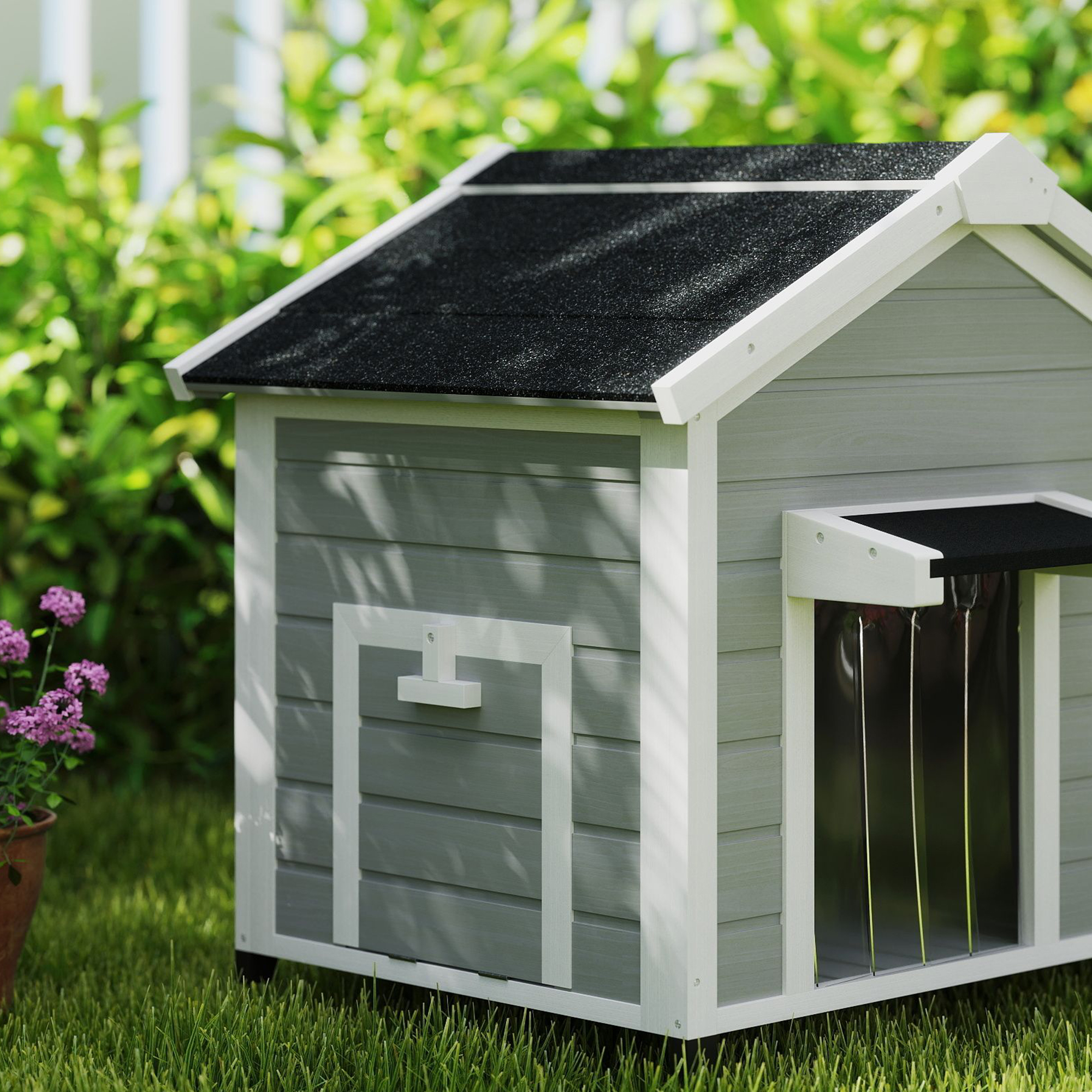 PawHut Wooden Dog House Outdoor with Openable Roof, Removable Floor, Curtain, Elevated Feet, for Medium Dogs, Light Grey 9