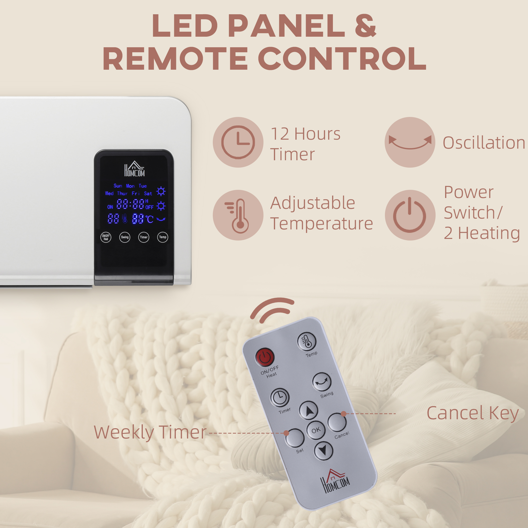 HOMCOM 2000W Wall-Mounted Heater, 18-45°C Temperature, White 5