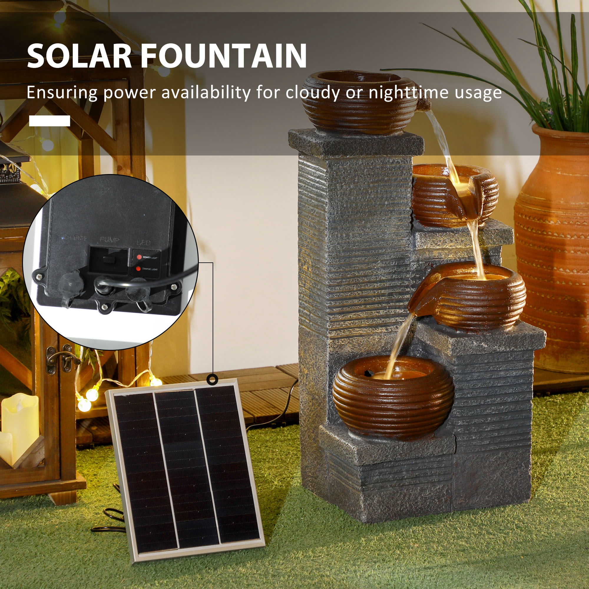Outsunny Solar Powered Garden Water Feature with LED Lights and Pump, 4 Tier Cascading Water Fountain for Indoor/Outdoor, Bowls Waterfall Ornament, 58cm Height 5