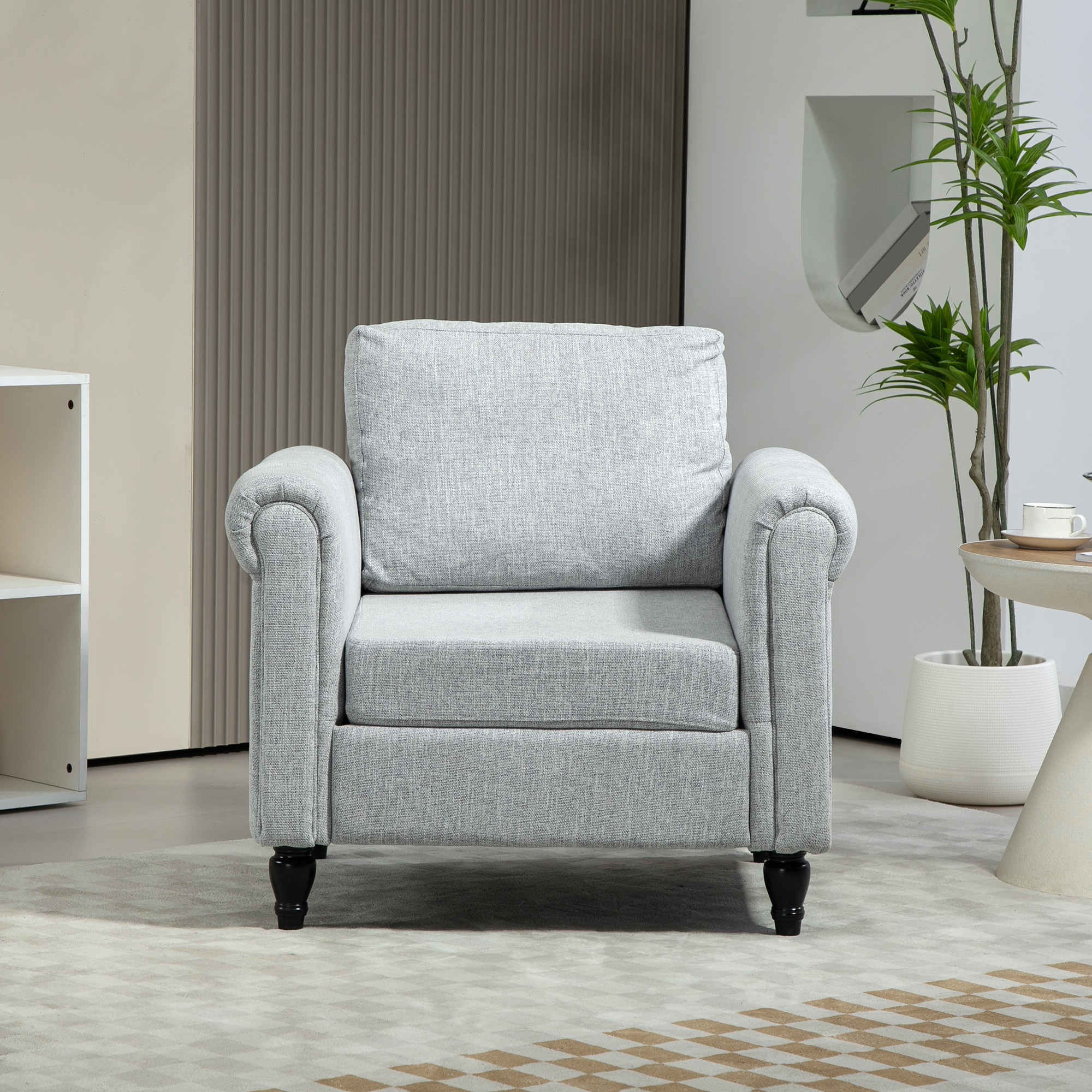 HOMCOM Vintage Accent Chair, Upholstered Occasional Chair with Back Pillow, Rolled Arms, Rubber Wood Legs, Light Grey 7