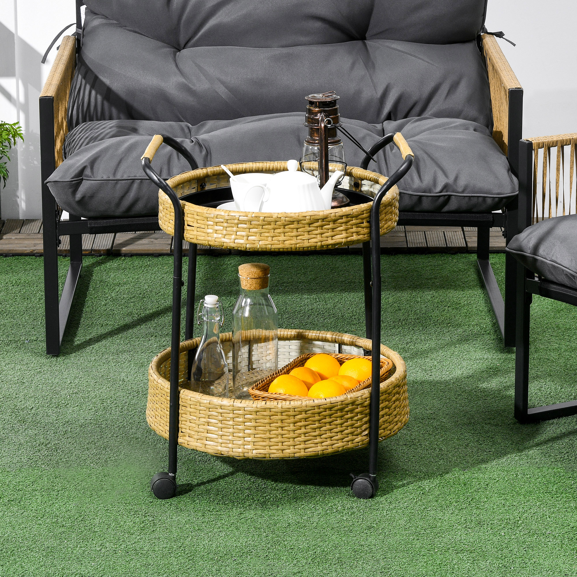 Välistingimustes serveerimiskäru, 2 riiulit, pidurid, polürotang, metallraam, Φ50 x 66K cm, kollane