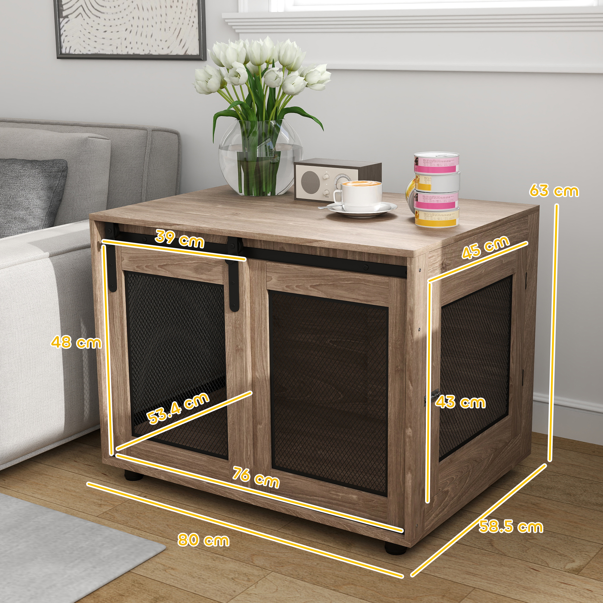 PawHut Dog Crate Furniture with Sliding Door for Medium Dogs, Brown 3