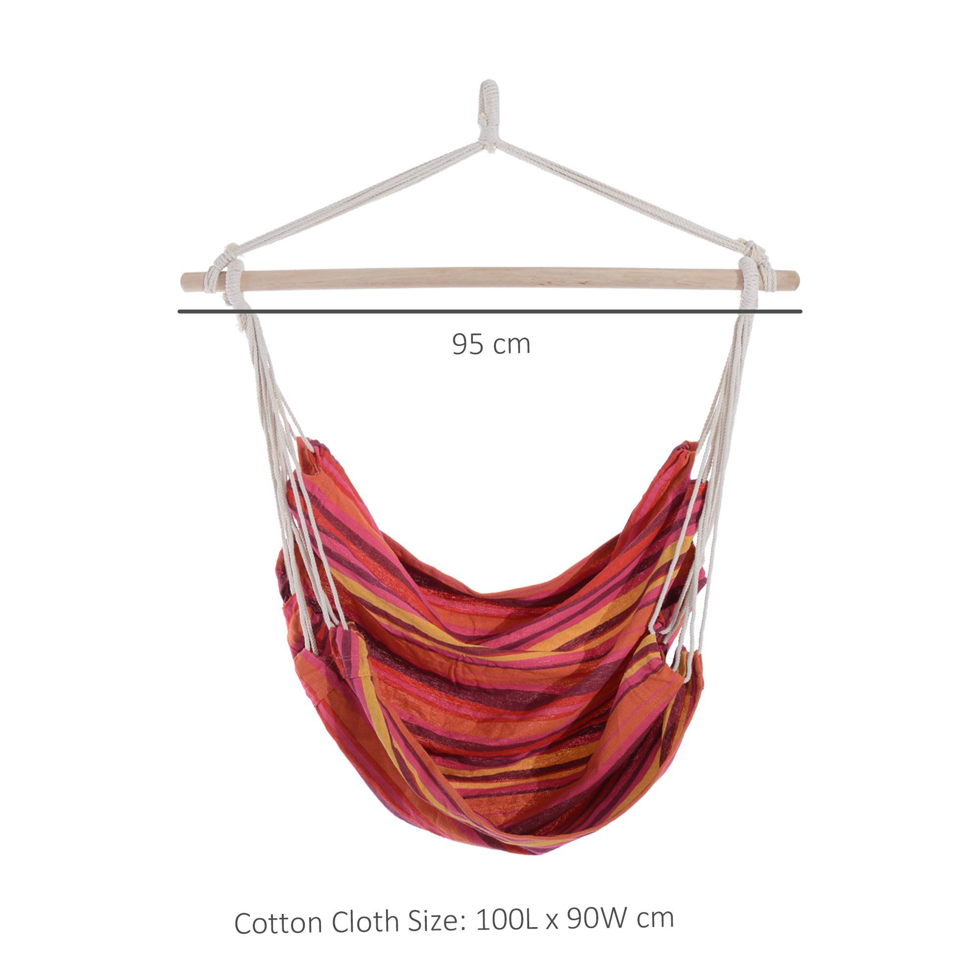 Outsunny Outdoor Hanging Rope Chair with Cotton Rope, Garden Hammock Chair with Wooden Support Bar Cotton Cloth, Portable Garden Chair for Patio & Tree, Red 3