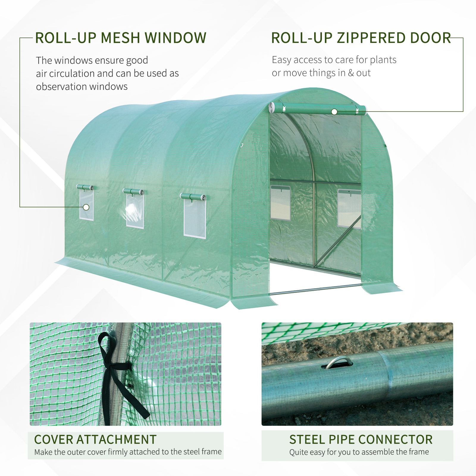 Outsunny 4 x 2 x 2 m Polytunnel Greenhouse with Roll-up Door and 6 Mesh Windows, Walk-in Garden Tunnel Warm House Tent with UV-resistant PE Cover and Galvanised Steel Frame, Green 6