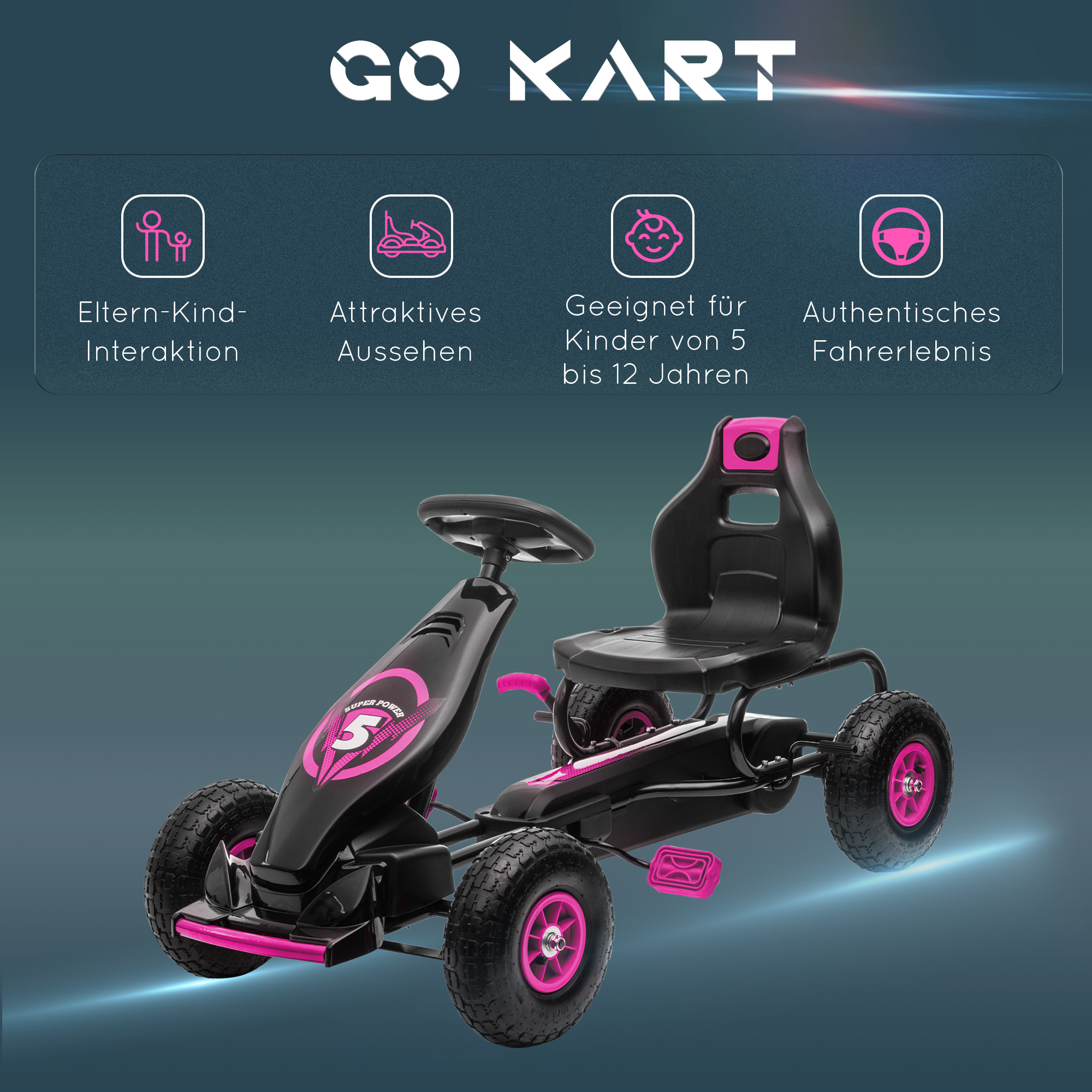 Laste gokart, pedaalidega, reguleeritava istmega, sise- ja välistingimustes kasutamiseks, alates 5. eluaastast, roosa+must, 117 x 58 x 61 cm
