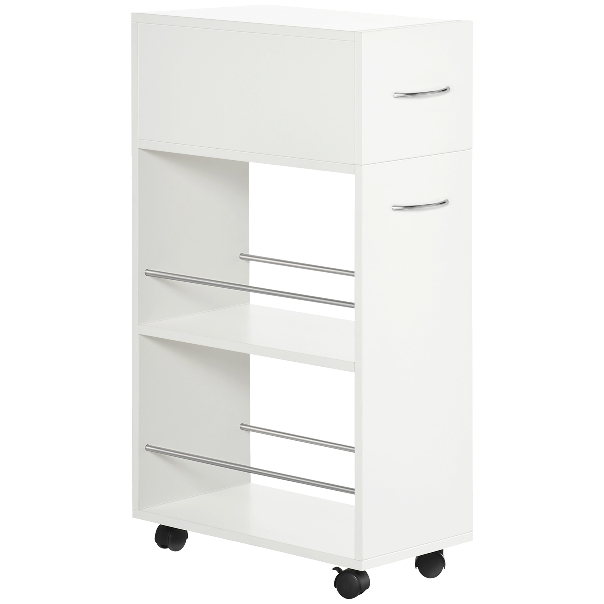 HOMCOM Verdulero de Cocina con Ruedas, 1 Cajón, 2 Estantes Abiertos, Carro Auxiliar Compacto 25x50x85 cm Blanco   Aosom España