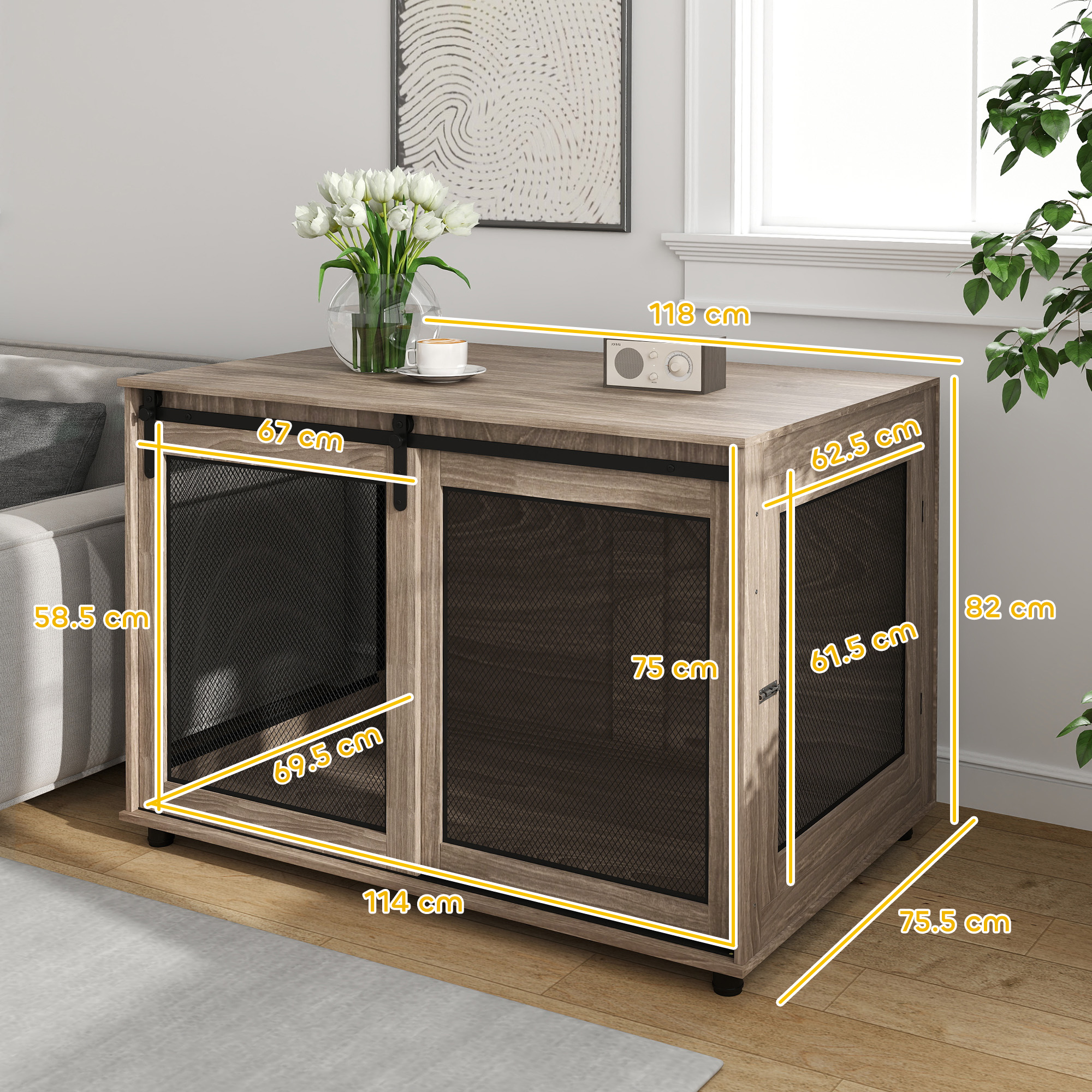 PawHut Dog Crate Furniture with Sliding Door for XL Dogs, Brown 3