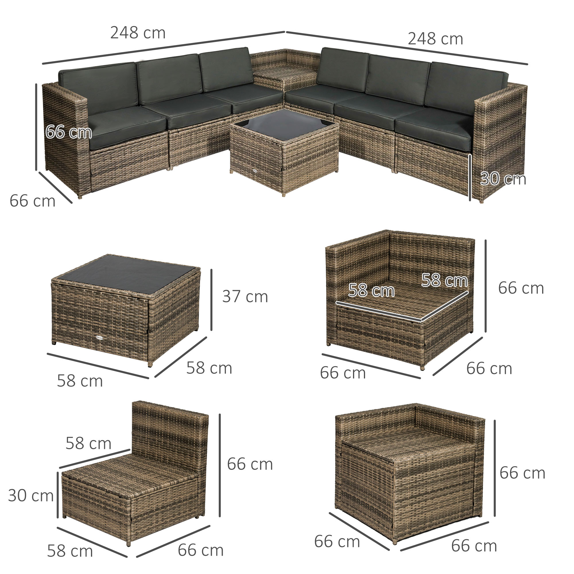 Outsunny 8 Pieces Outdoor PE Rattan Sofa Set with Cushions, Patio Garden Furniture Sets with Glass Top Coffee Table, Storage Corner Table, Mixed Brown 3
