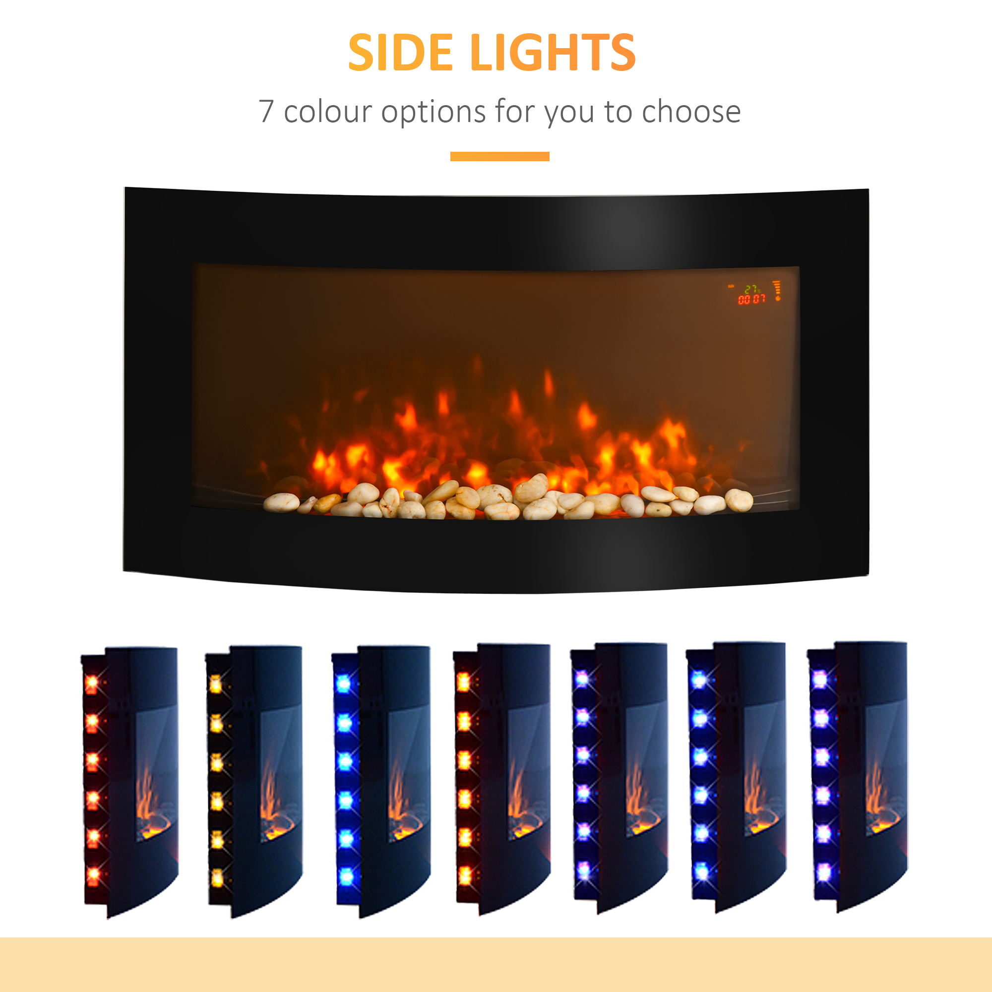 HOMCOM Led Wall Mounted Fireplace Curved Glass Electric Fire Place Fire Place 7 Colour Side Lights Slimline, 1000/2000W, 89.2cm x 48cm 7