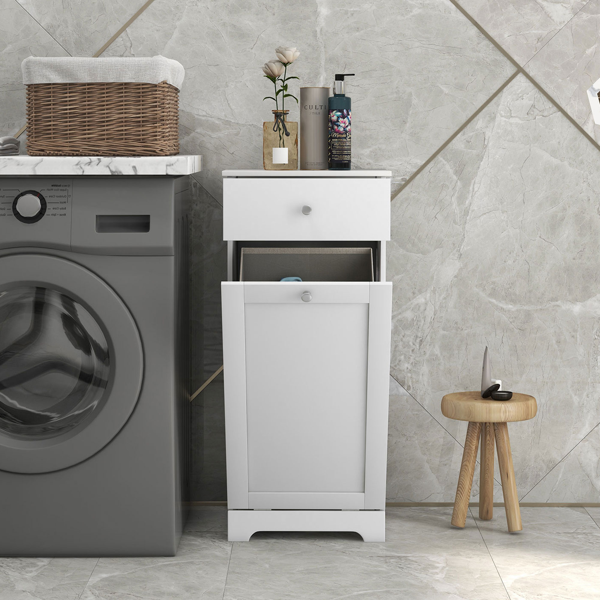 HOMCOM Single Hamper Laundry Storage Cabinet White 7