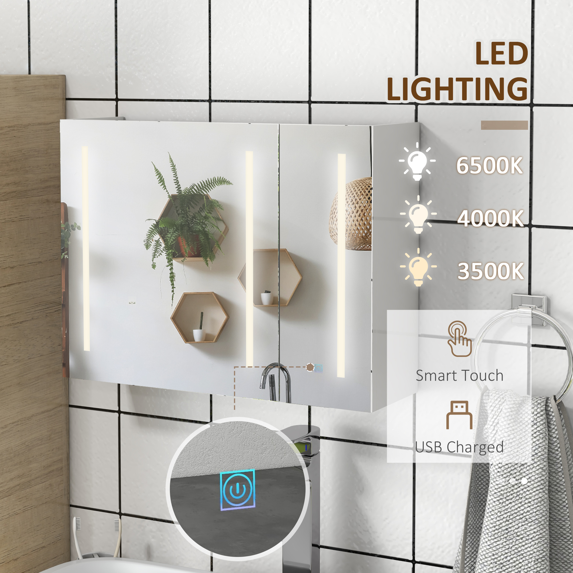 kleankin Bathroom Mirror Cabinet with Light, Bathroom Storage Cupboard with USB Charge, Adjustable Shelf, 90x15x70cm, White 4