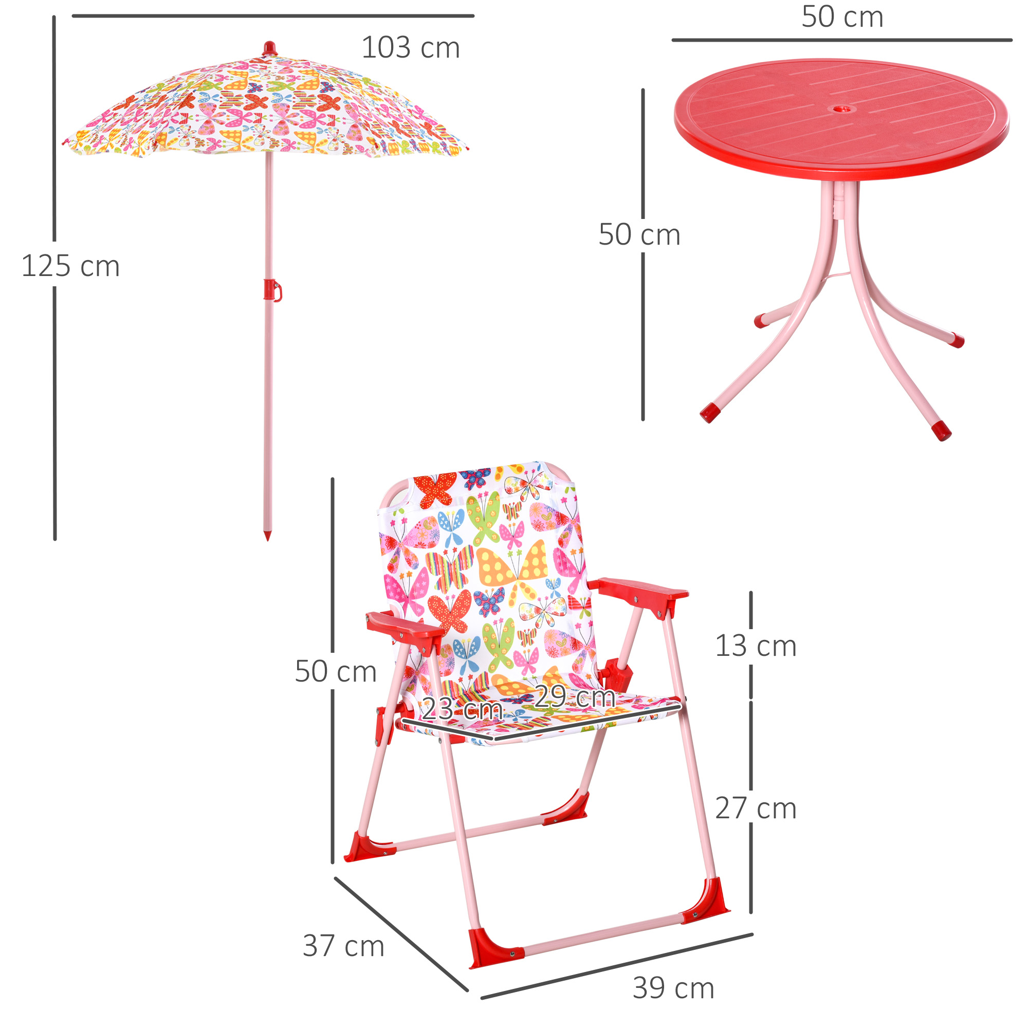 Outsunny Kids Outdoor Bistro Table and Chair Set Butterfly Pattern Garden Patio Backyard with Removable & Height Adjustable Parasol 3