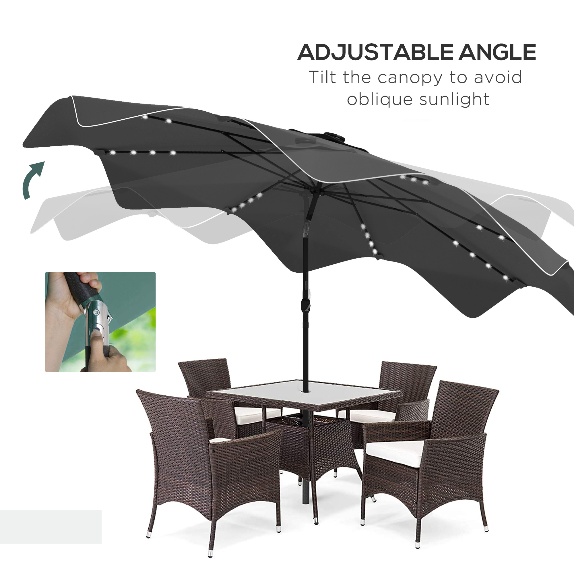 Outsunny Solar Patio Umbrella with LED and Tilt, Outdoor Market Table Umbrella Parasol with Crank, 3 x 3 (m), Dark Grey 5