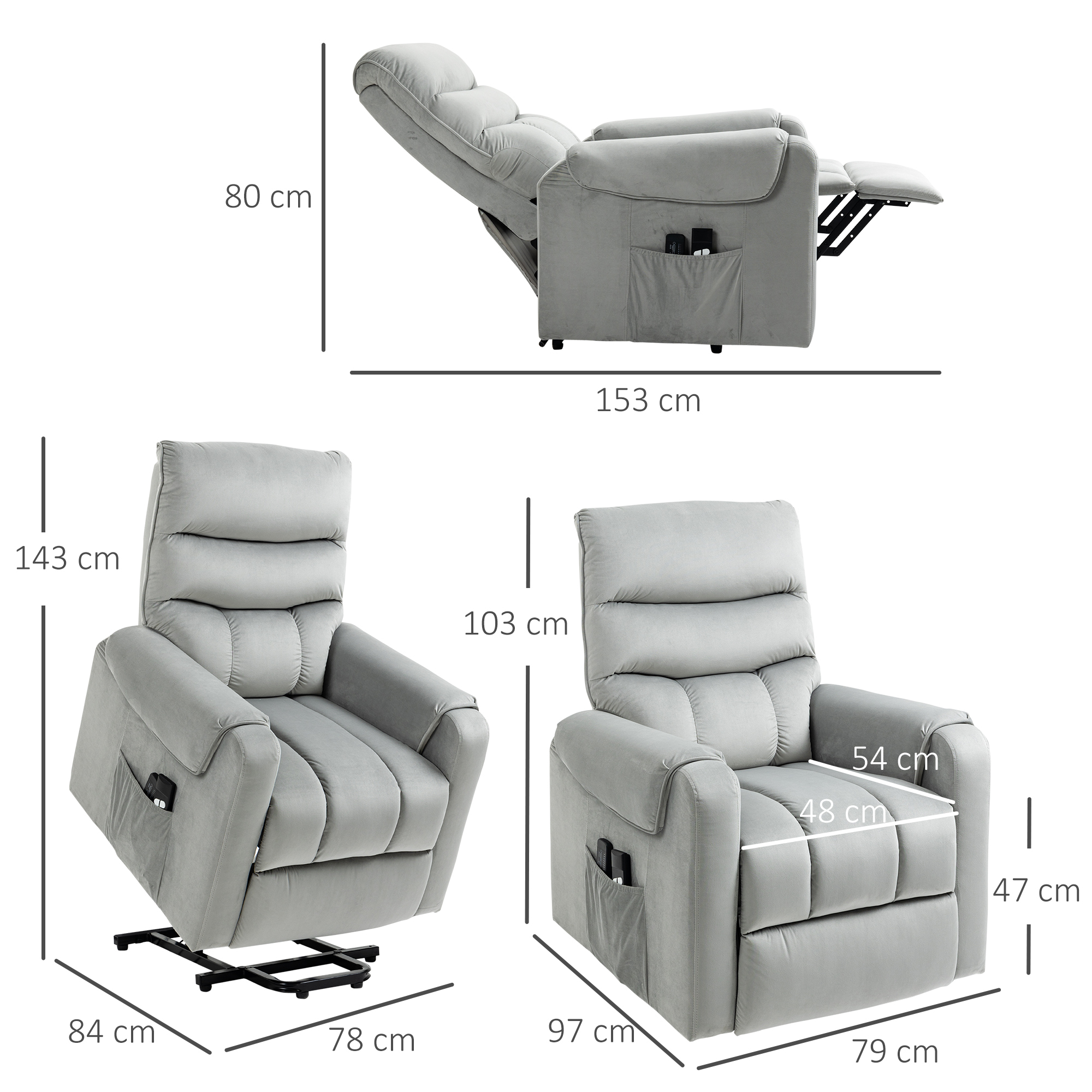 HOMCOM Vibration Massage Rise and Recliner Chair, Electric Power Lift Recliner with Remote Control and Side Pockets, Grey 3