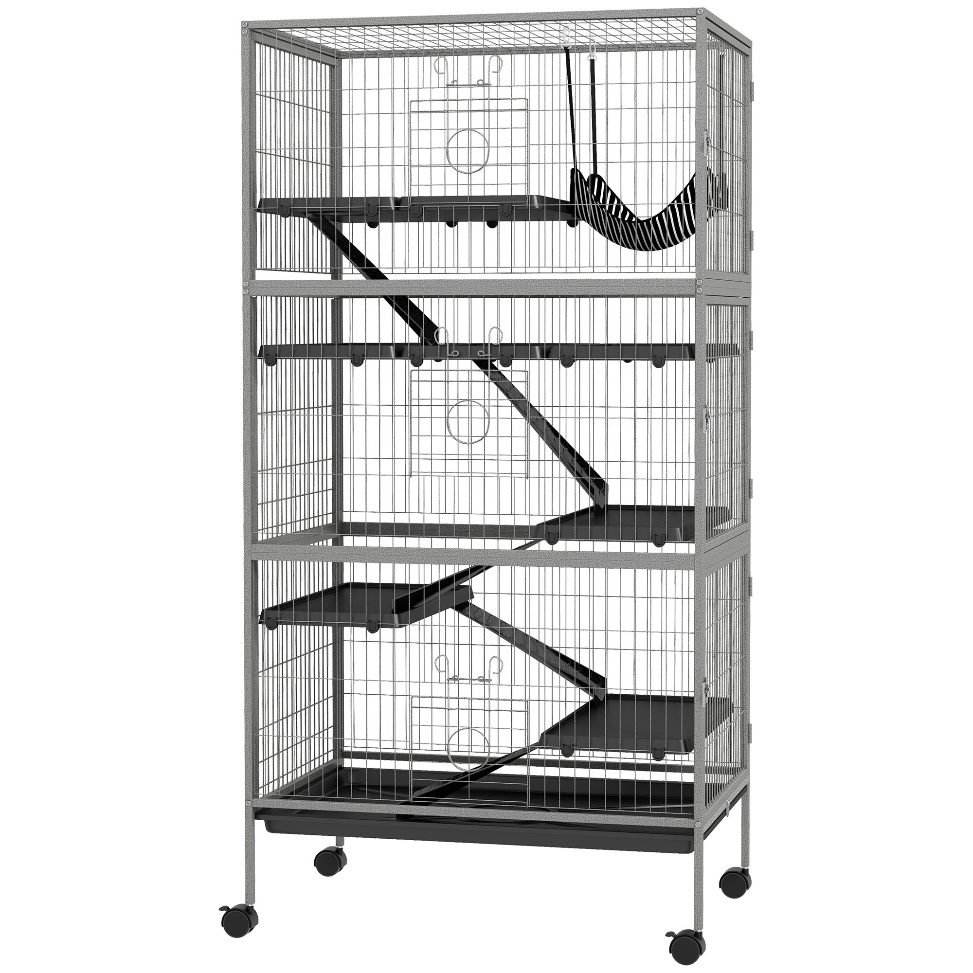 Comparer les prix de PawHut Cage pour rongeurs multifonction 4 plateformes 3 rampes 4 portes dim. 80L x 52l x 159H cm acier gris argenté noir