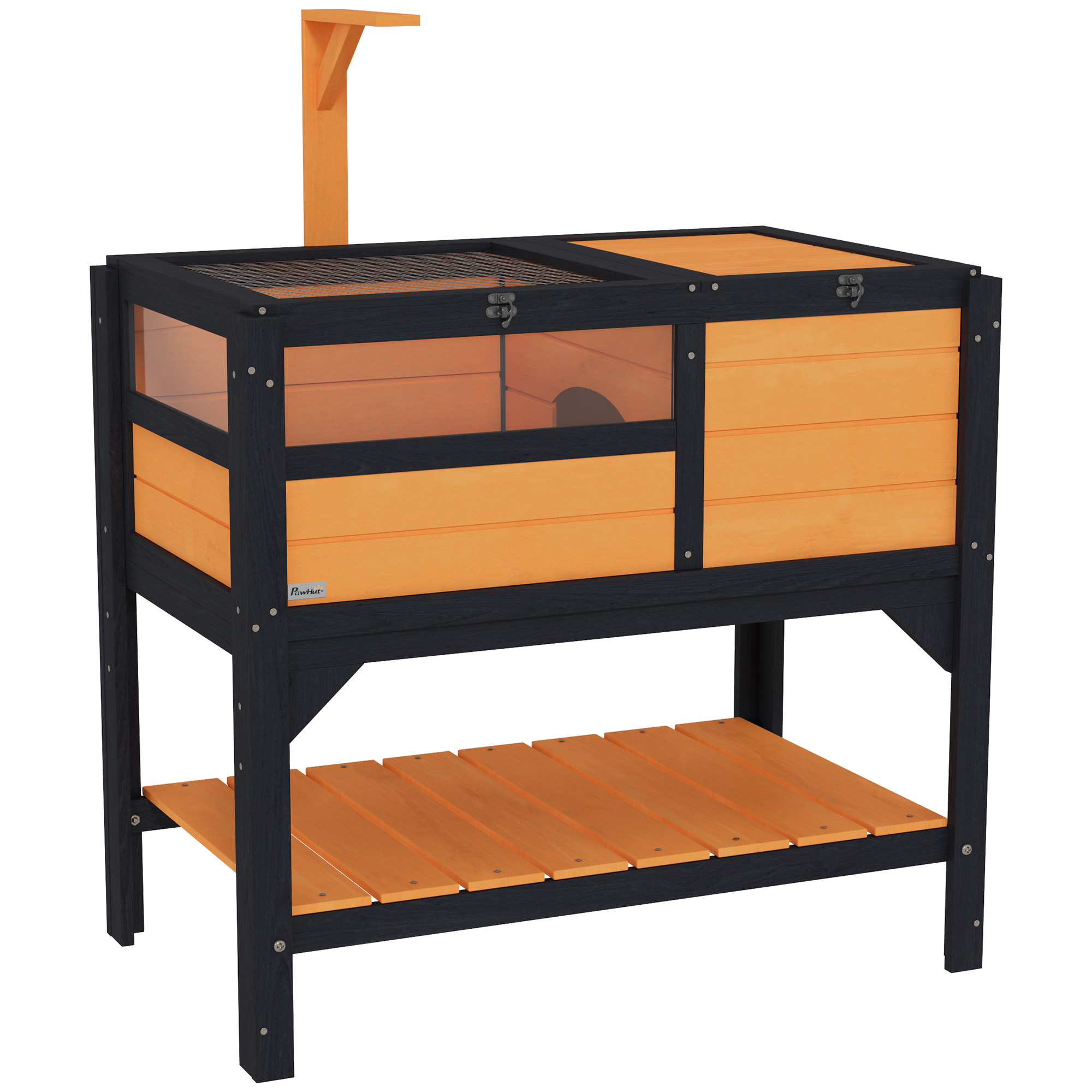 PawHut Wooden Tortoise House, with Shelter, Run, Shelf, Lamp Holder, Tray, Grey