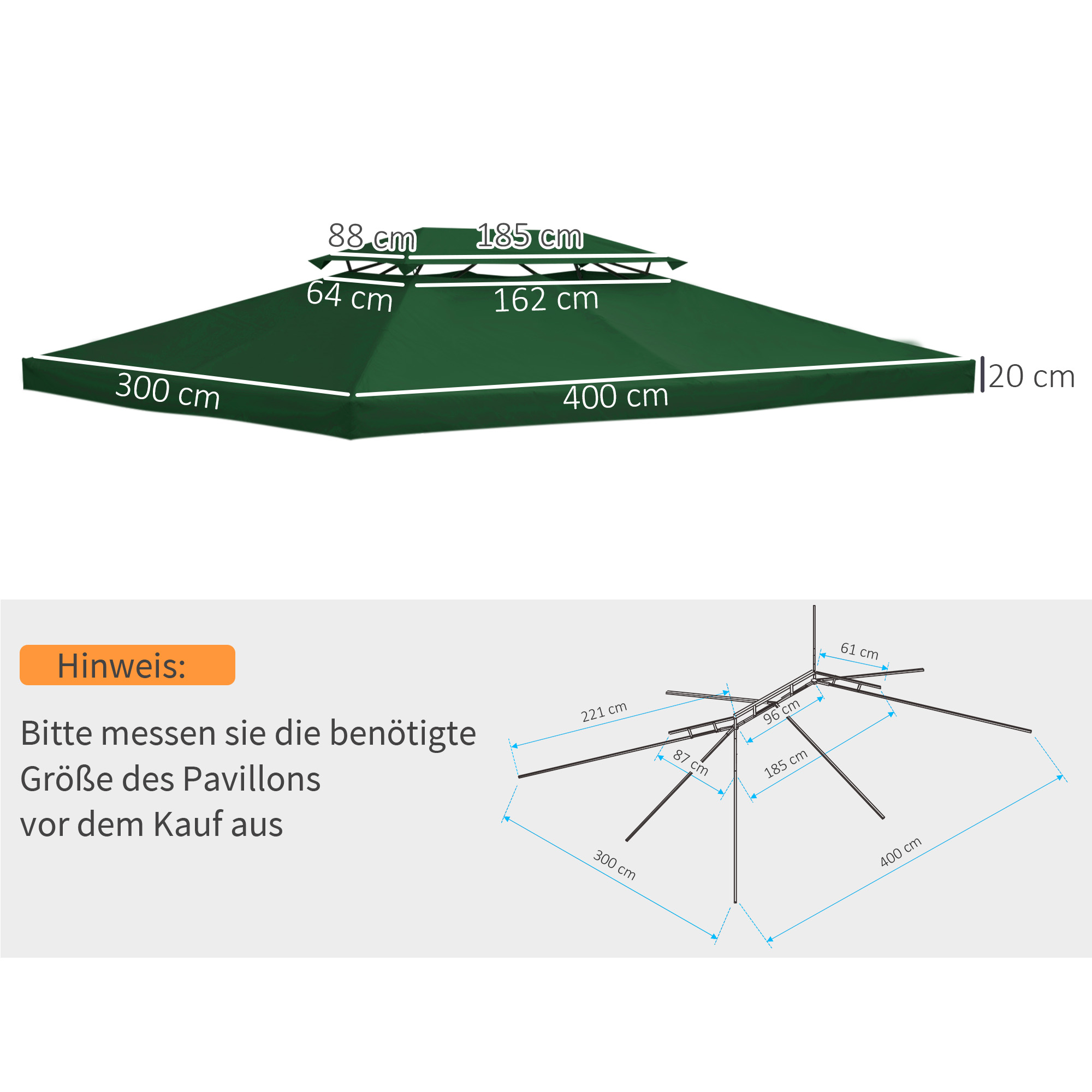 Vahetuskatus 3x4m metallvarikatuse jaoks, vetthülgav, varikatuse katus (topeltkatus), aiavarikatuse vahetuskate, varuosad, polüester 180g/m², roheline