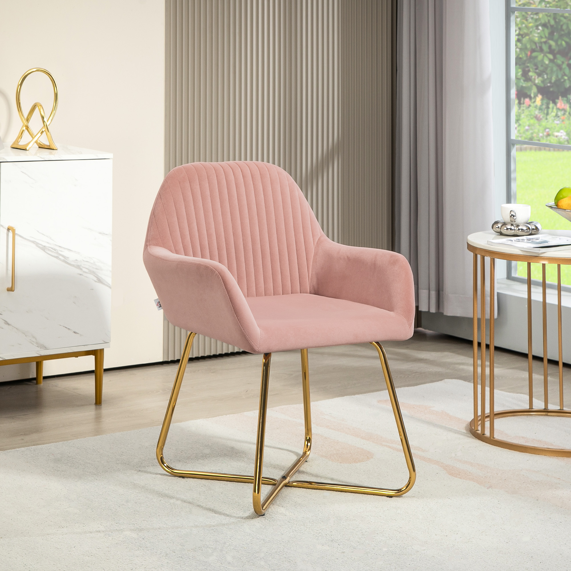 HOMCOM Modern Arm Chair Upholstered Accent Chair with Metal Base for Living Room Pink 2
