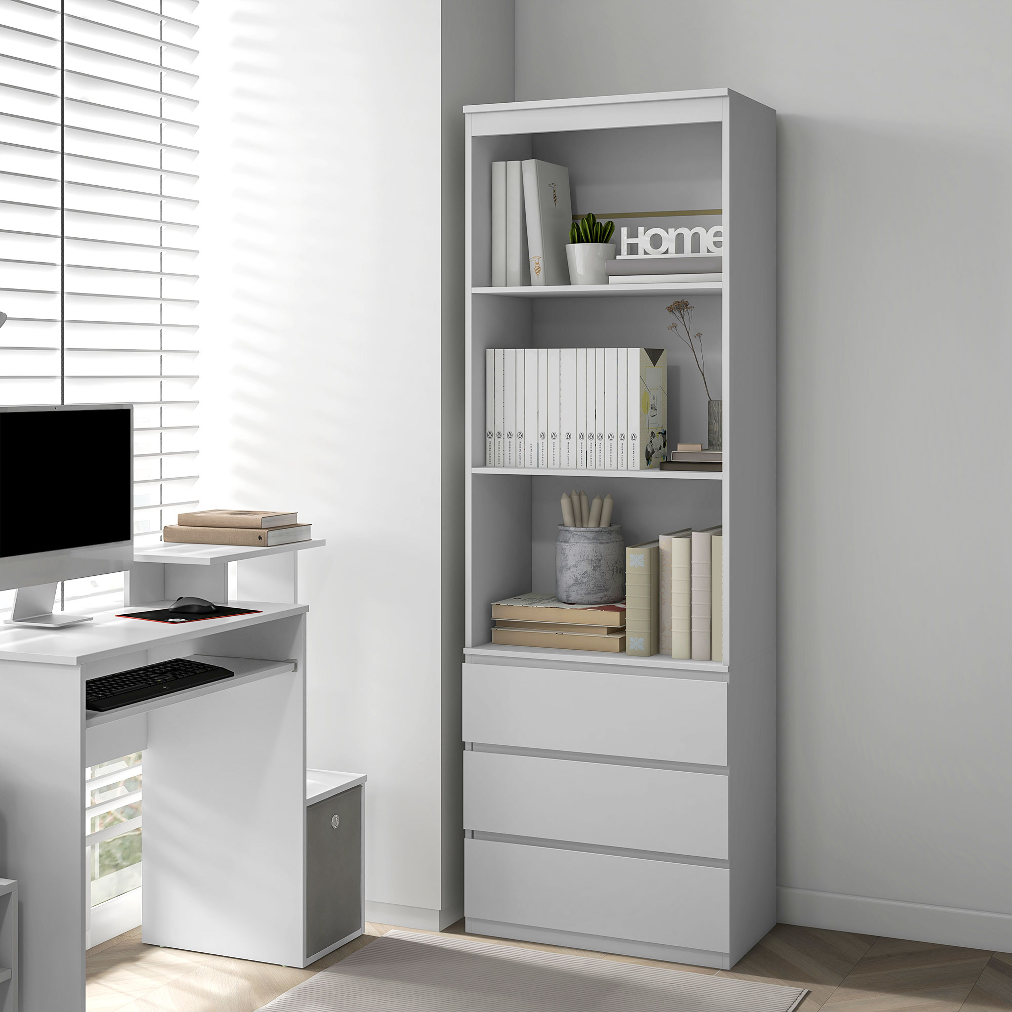HOMCOM 180cm Tall Bookcase, with Shelves and Drawers White 2