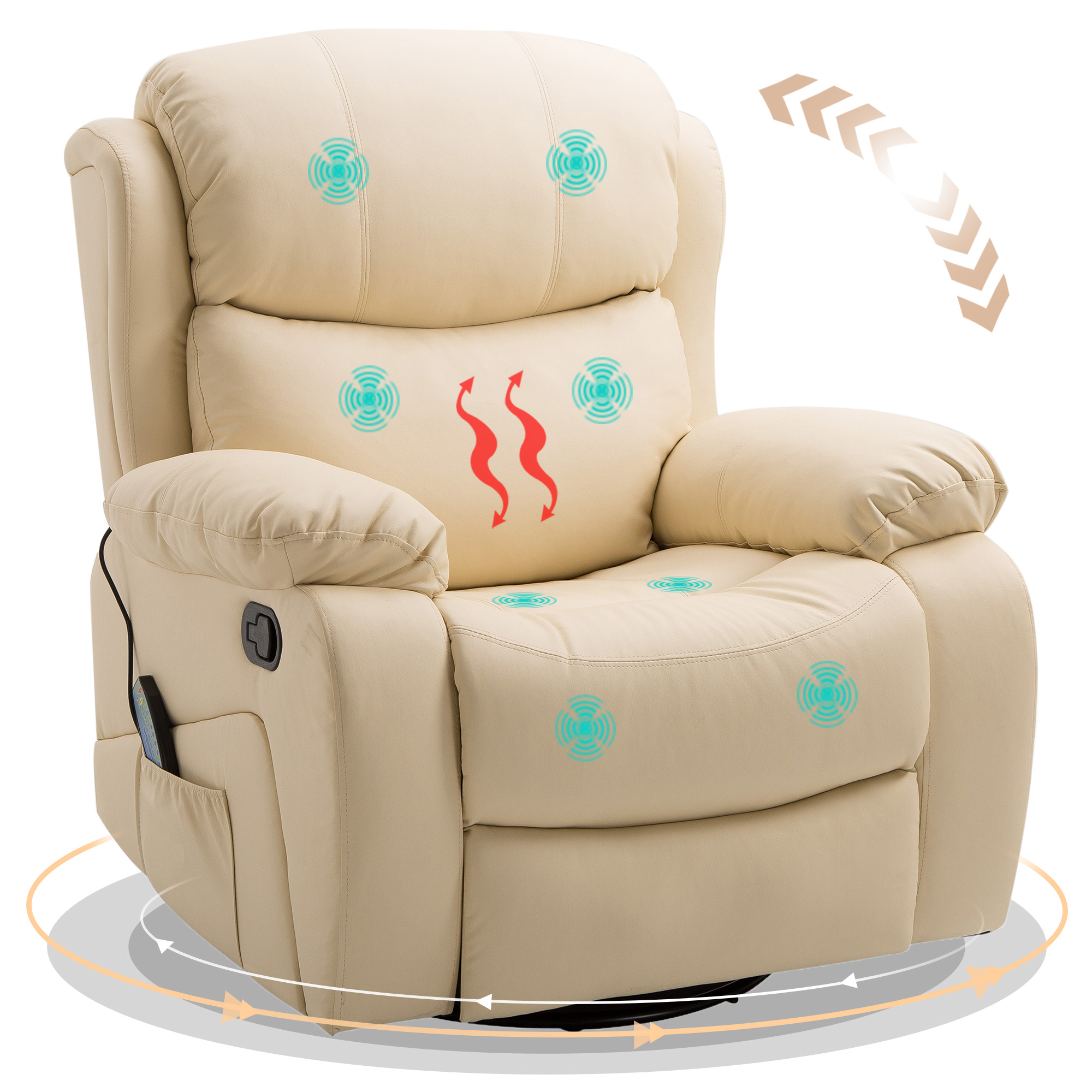 Product photograph of Homcom Pu Leather Reclining Chair With 8 Massage Points And Heat Manual Recliner With Swivel Base Footrest And Remote Beige from Aosom UK
