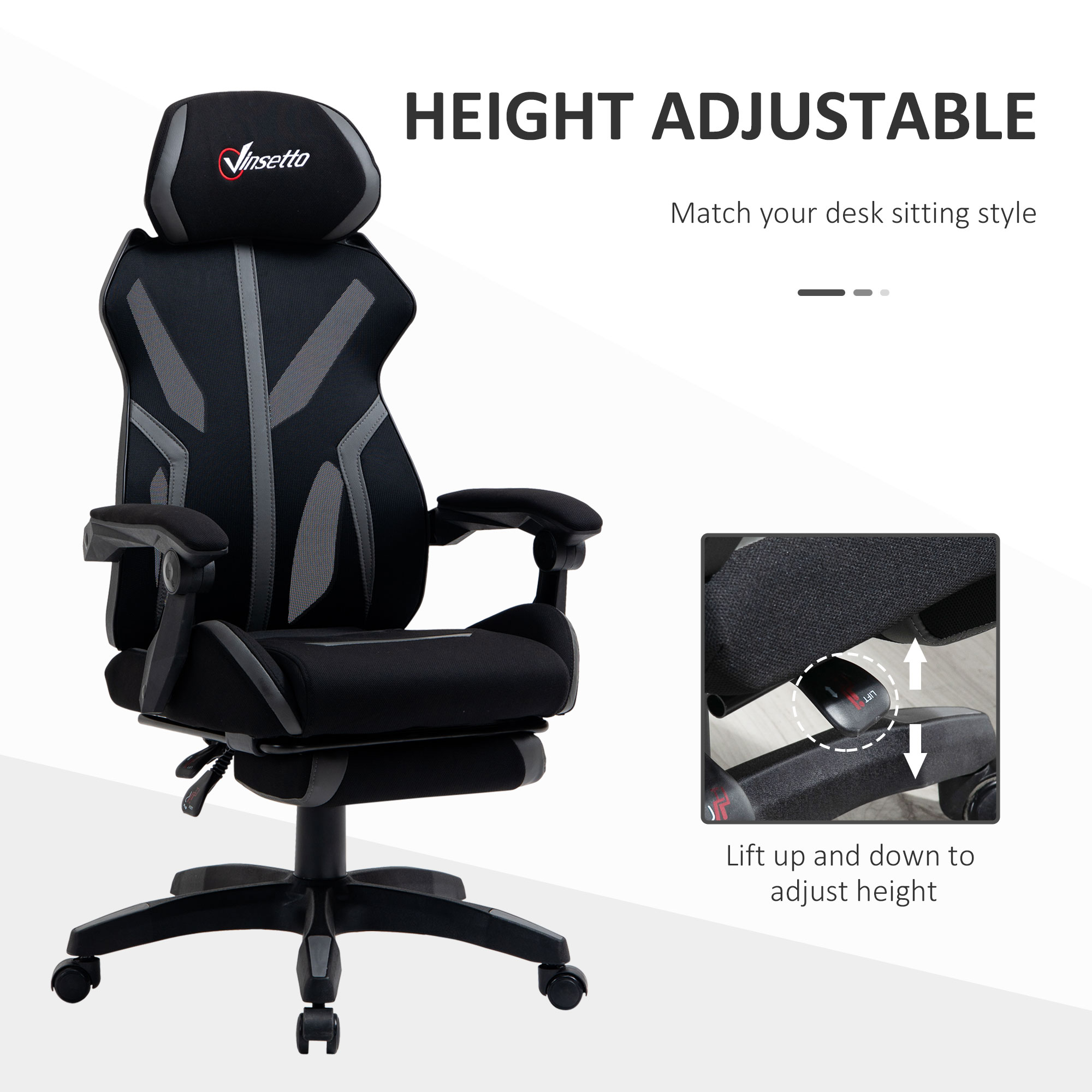Vinsetto Mesh Office Chair Desk Task Computer Recliner with Footrest, Lumbar Back Support, Swivel Wheels, Adjustable Height for Home, Black Grey 5