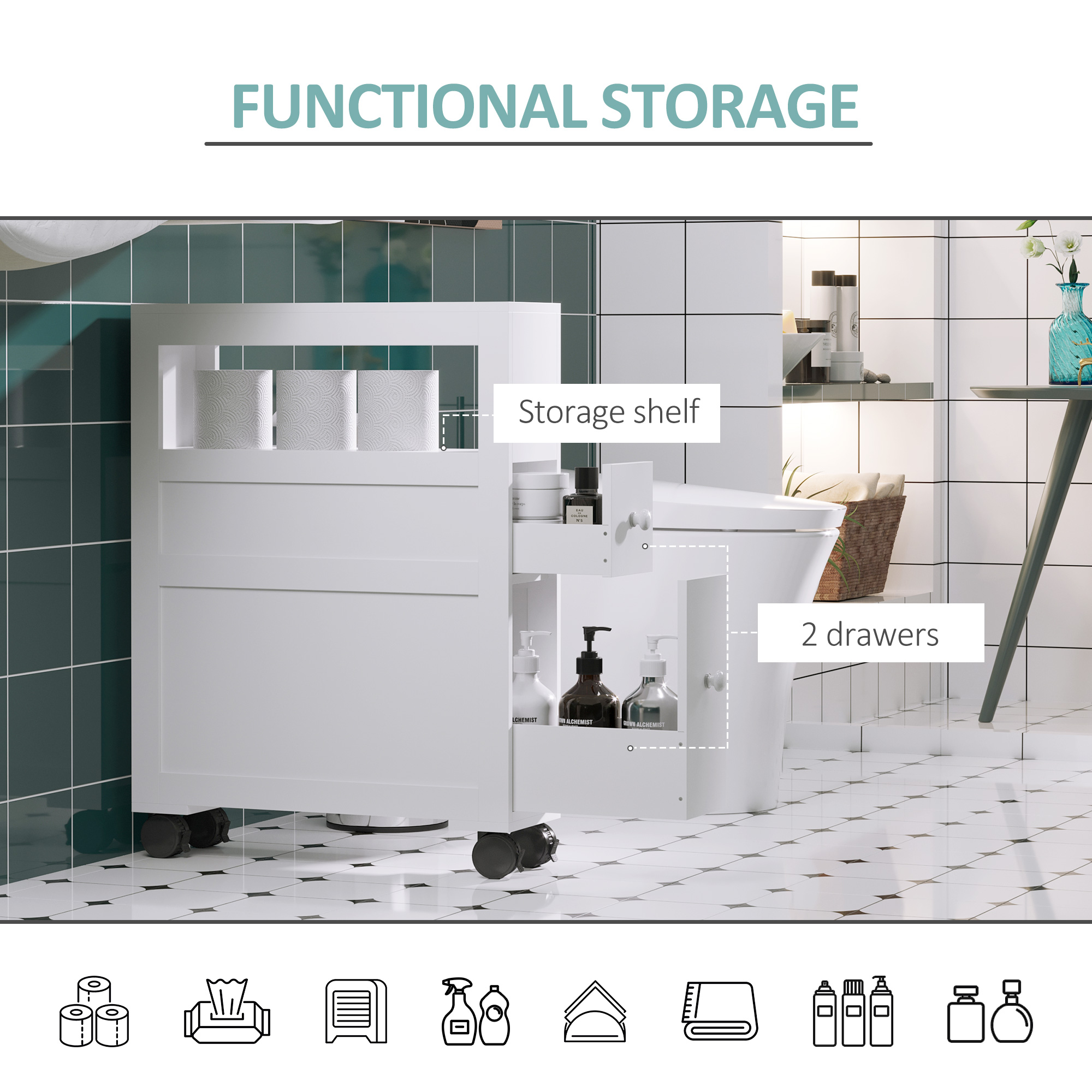 HOMCOM 72x16cm Narrow Bathroom Storage Unit w/ 2 Drawers Open Top 4 Wheels Slimline Modern Rolling Home Organisation 6