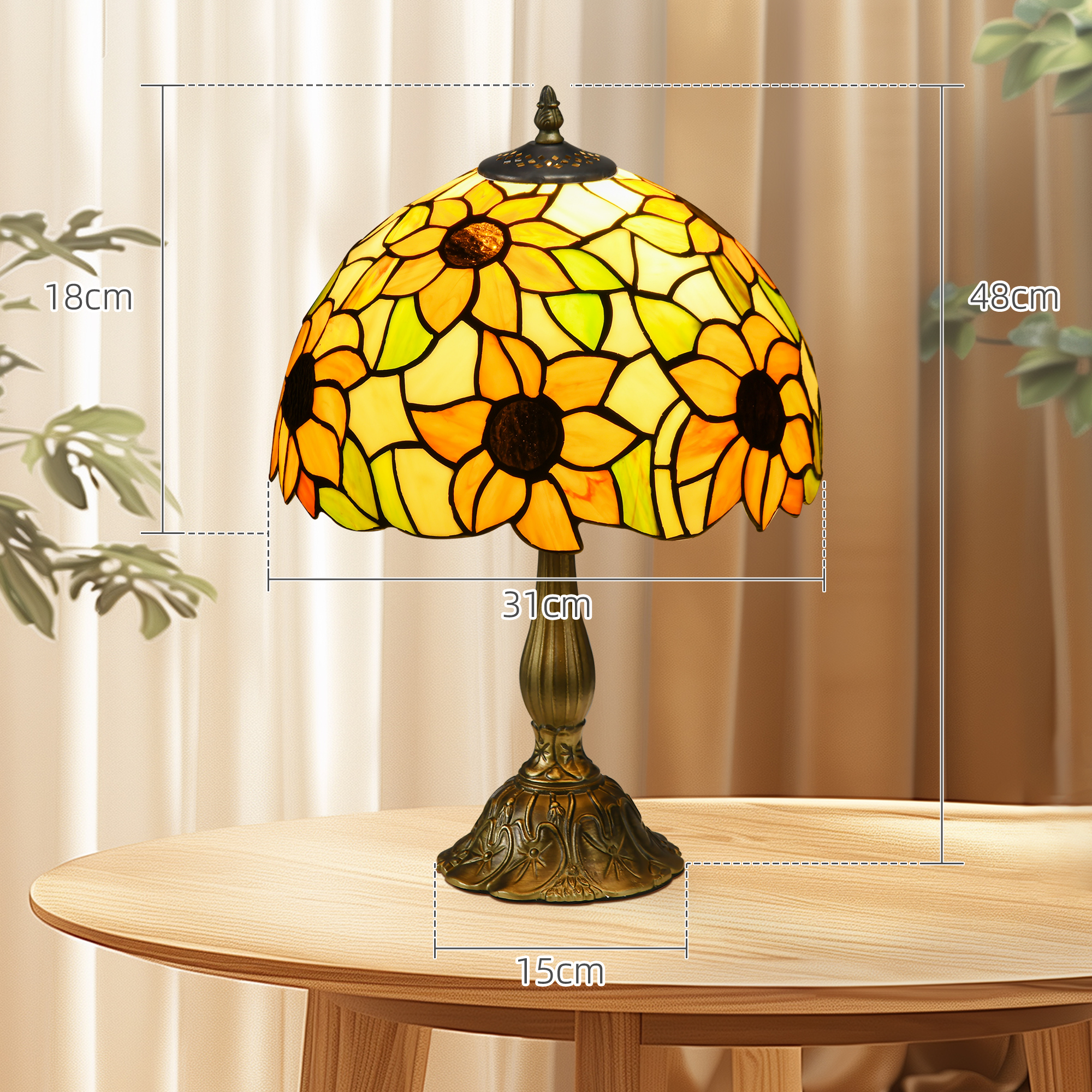 HOMCOM Stained Glass Table Lamp, Handmade Antique Bedside Lamp for Bedroom, Living room, Home, Nightstand, Decorative Night Light, Orange Sunflower 3