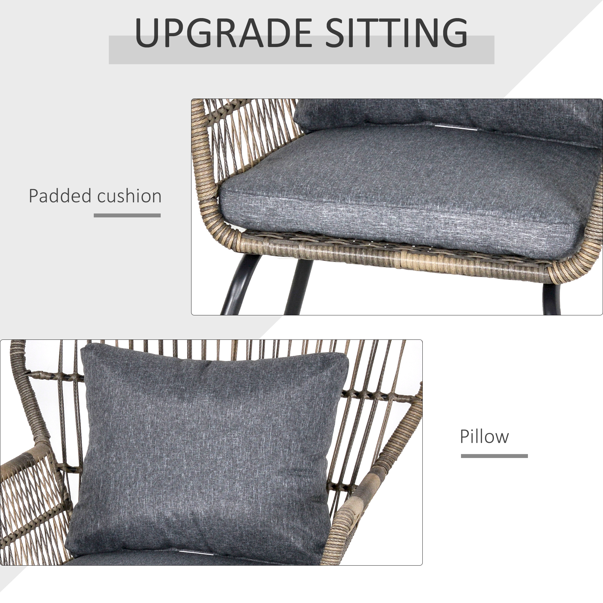 Outsunny 3 Pieces Rattan Bistro Set, Wicker Garden Furniture Set with Cushions, Glass Top Coffee Table and Chairs for Outdoor, Patio, Balcony, Grey 4