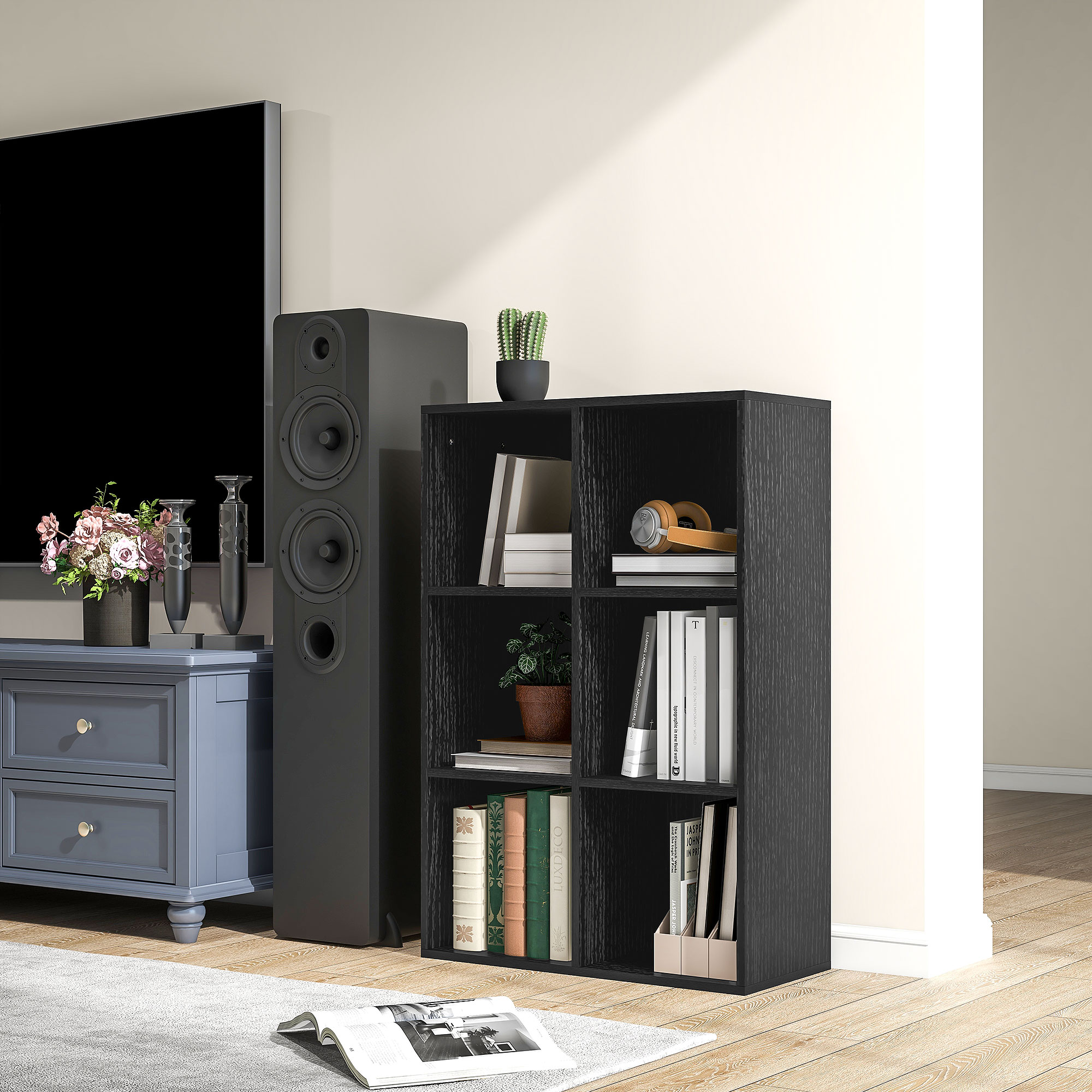 HOMCOM Six-Cube Bookcase Black Wood Effect 8