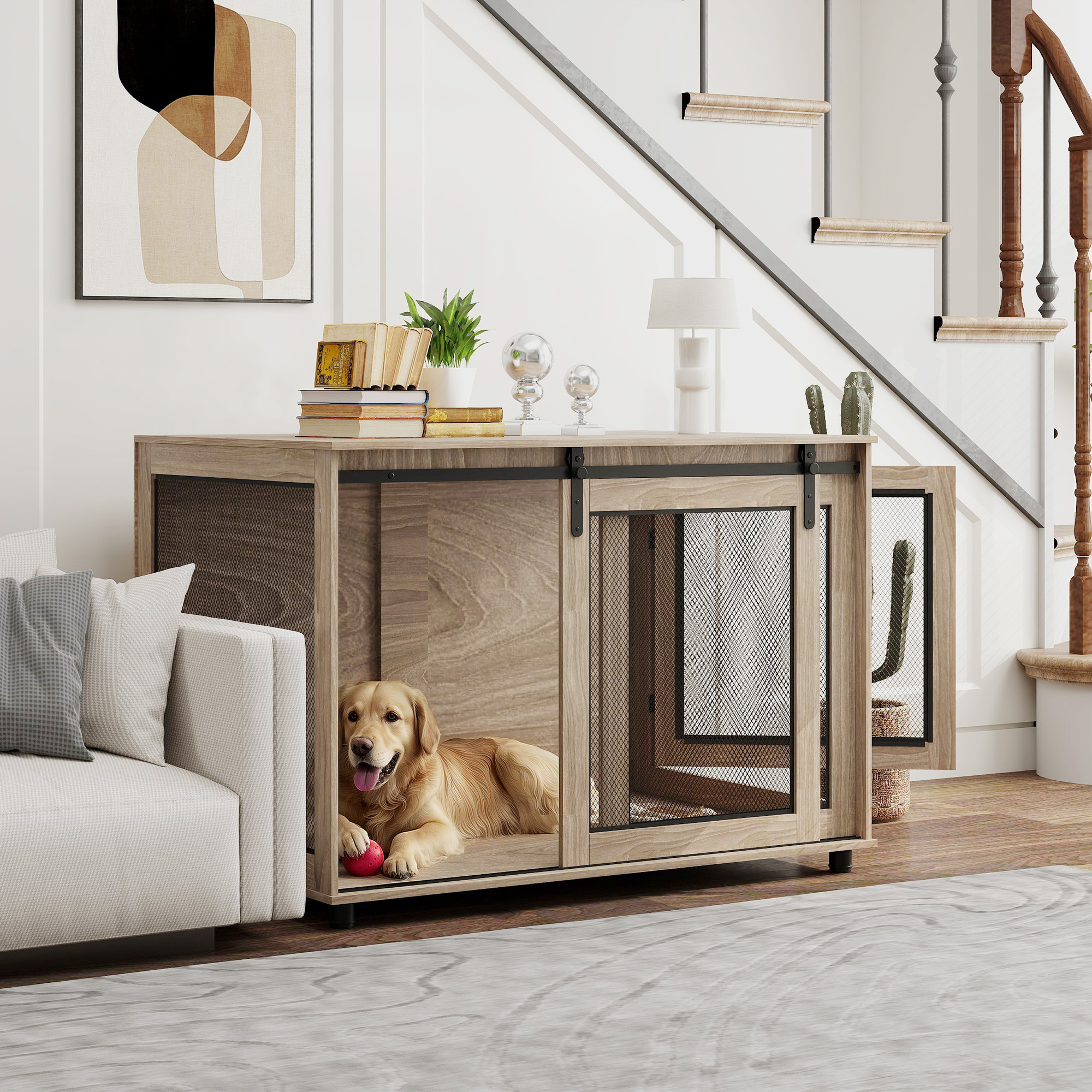 PawHut Dog Crate Furniture with Sliding Door for XL Dogs, Brown 2