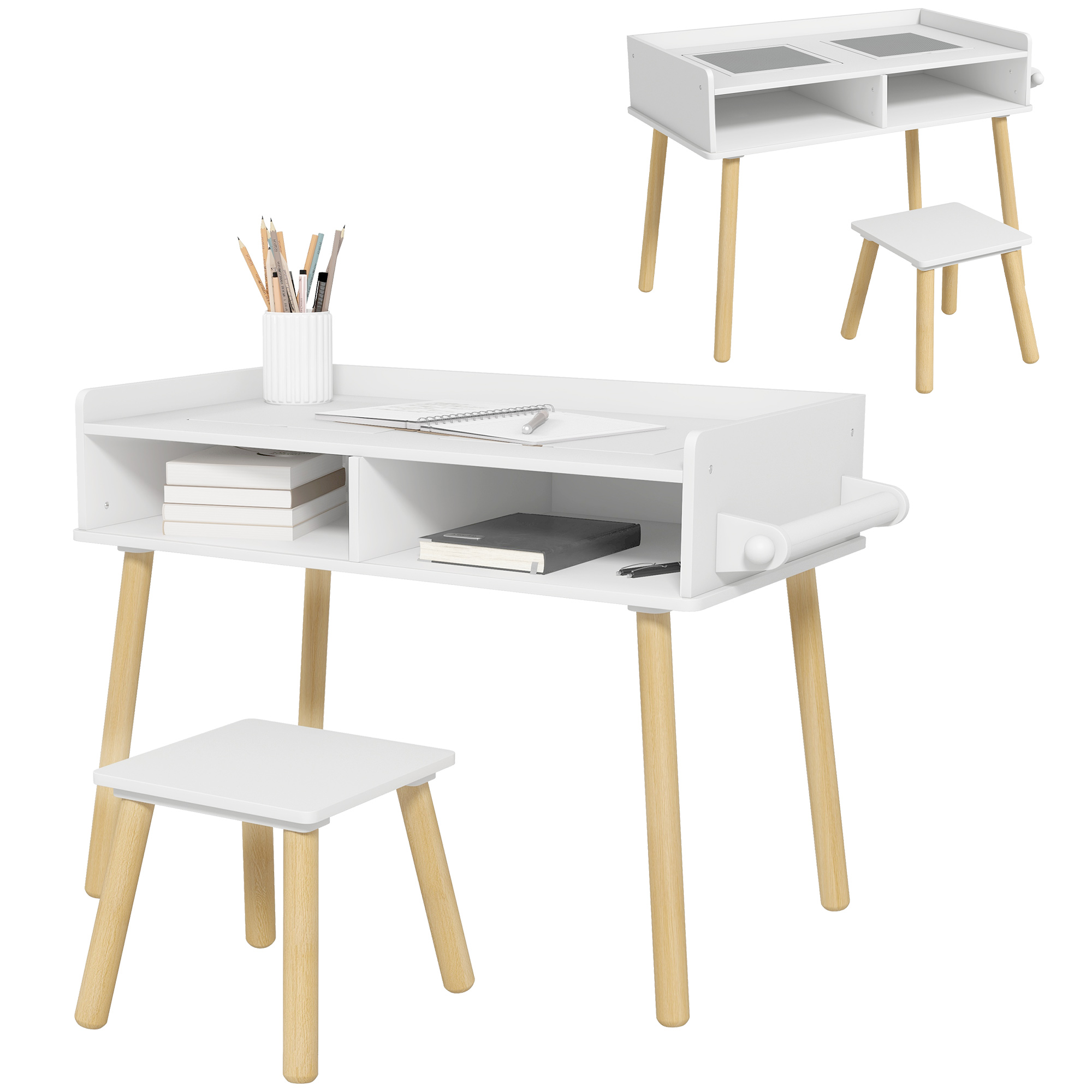 HOMCOM Juego de Mesa y Silla Infantil Mesa para Niños con Tablero de Bloques de Construcción y Rollo de Papel Blanco | Aosom España
