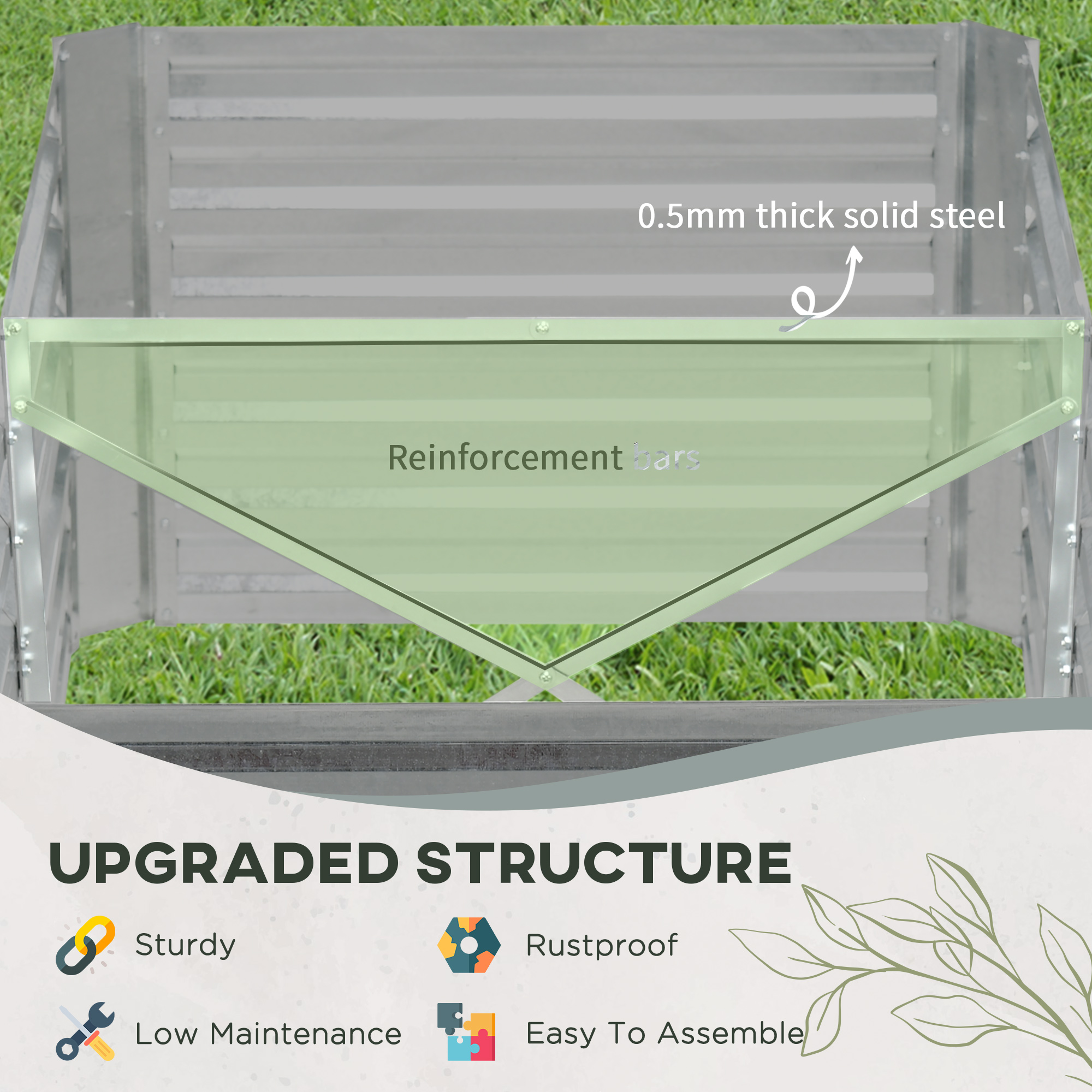 Outsunny Set of 2 Raised Beds for Garden, Galvanised Steel Outdoor Planters with Multi-reinforced Rods for Vegetables, Plants, Flowers and Herbs, 180 x 90 x 59 cm, Light Grey 5