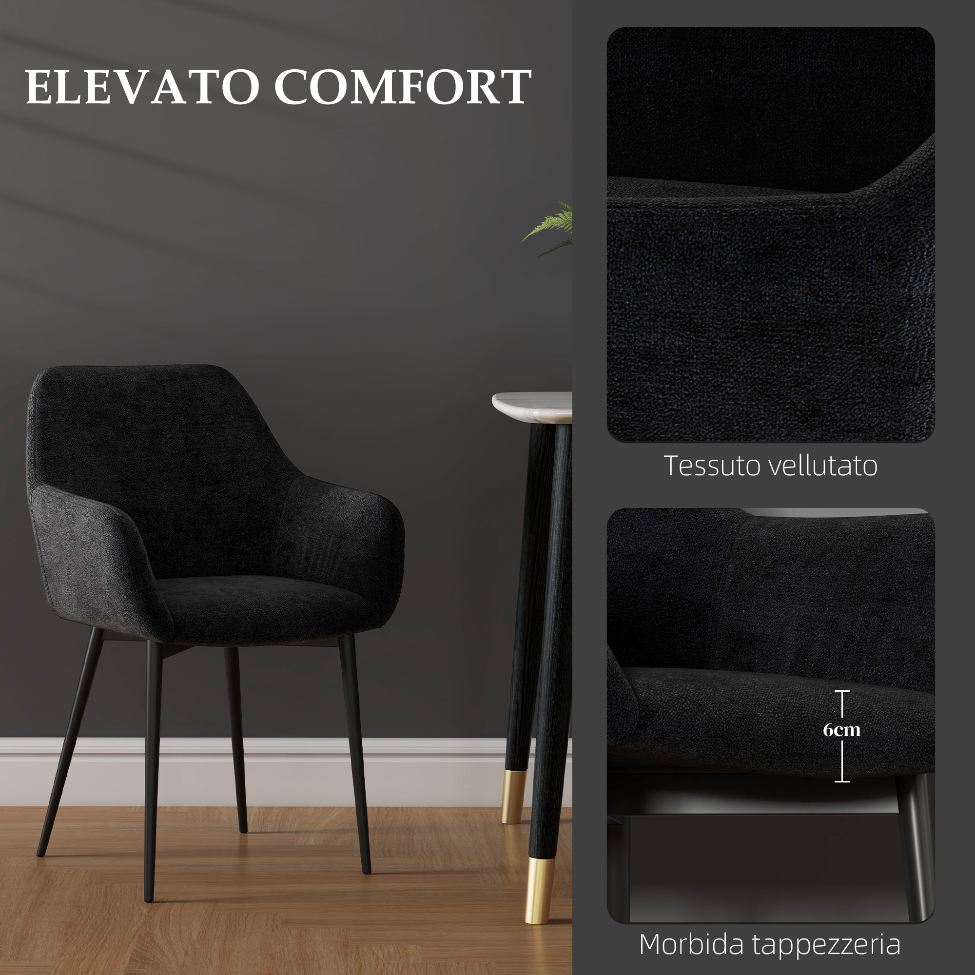 HOMCOM 2 pz Set Sedie da Pranzo Imbottite in Tessuto Effetto Velluto