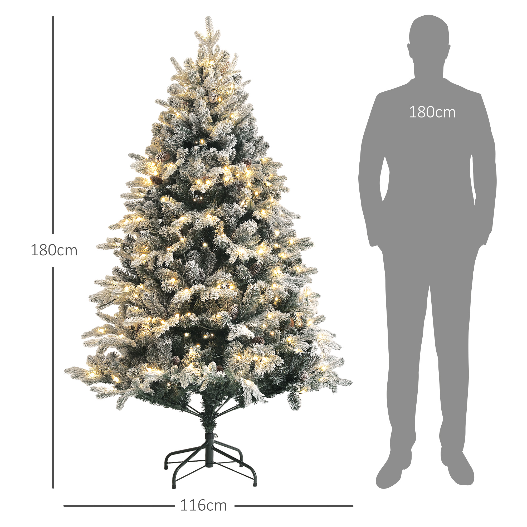 Kunstlik jõulupuu, 180 cm, LED-tuled, lumega kaetud, leegiaeglustav, metallist