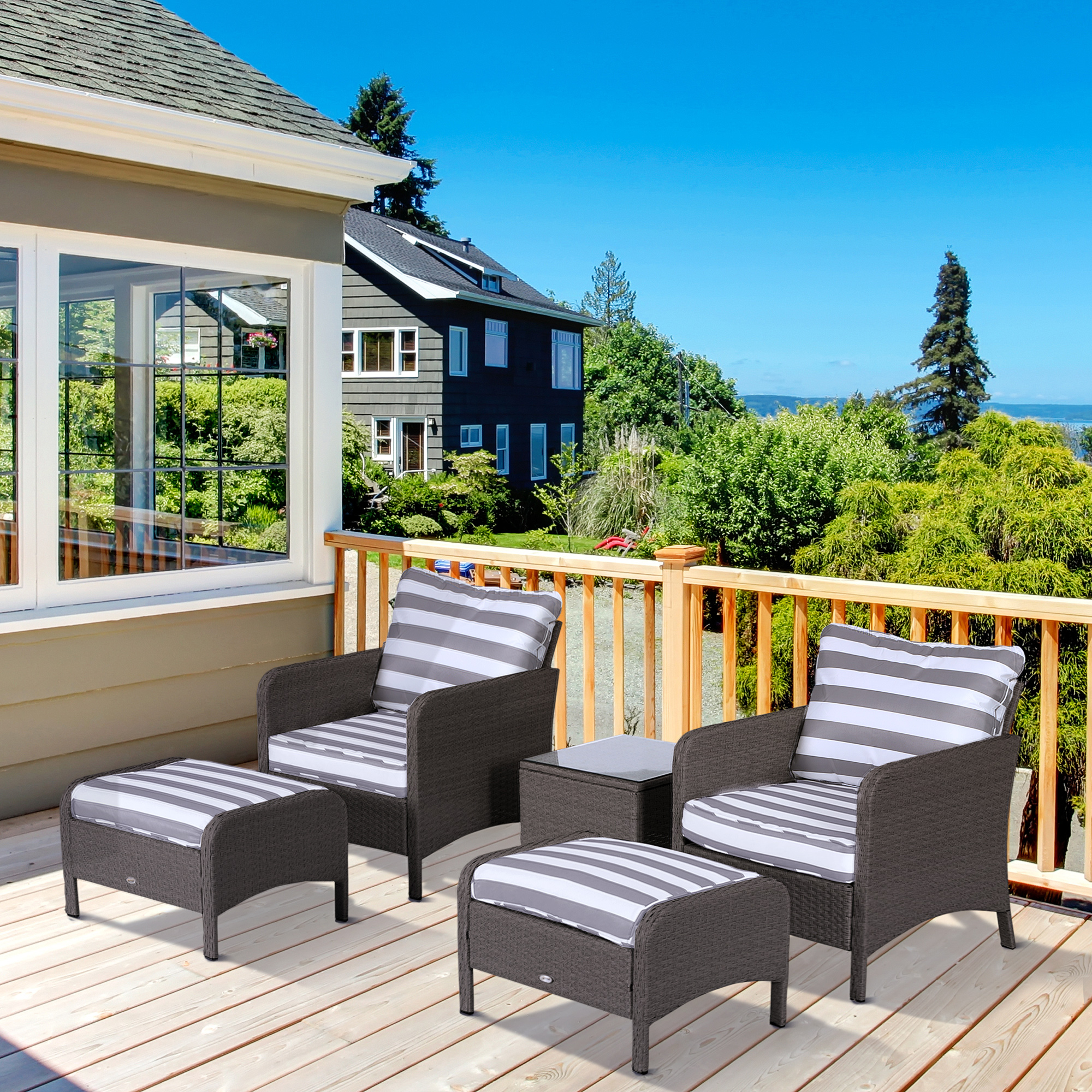 Outsunny 5 Pieces PE Rattan Garden Furniture Set with 10cm Thick Padded Cushions, Wicker Weave Outdoor Seating Chairs with 2 Armchairs, 2 Stools, Glass Top Table, Dark Grey 2