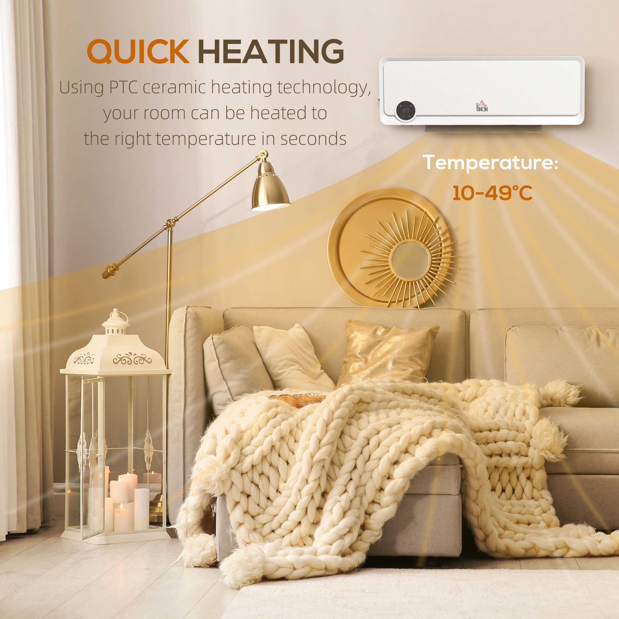 HOMCOM Wall Downflow Heater 2 Heat and Fan 1000W/2000W, Electric Space Heater with Timer Remote Oscillating, for Bedroom Home Office, White 6