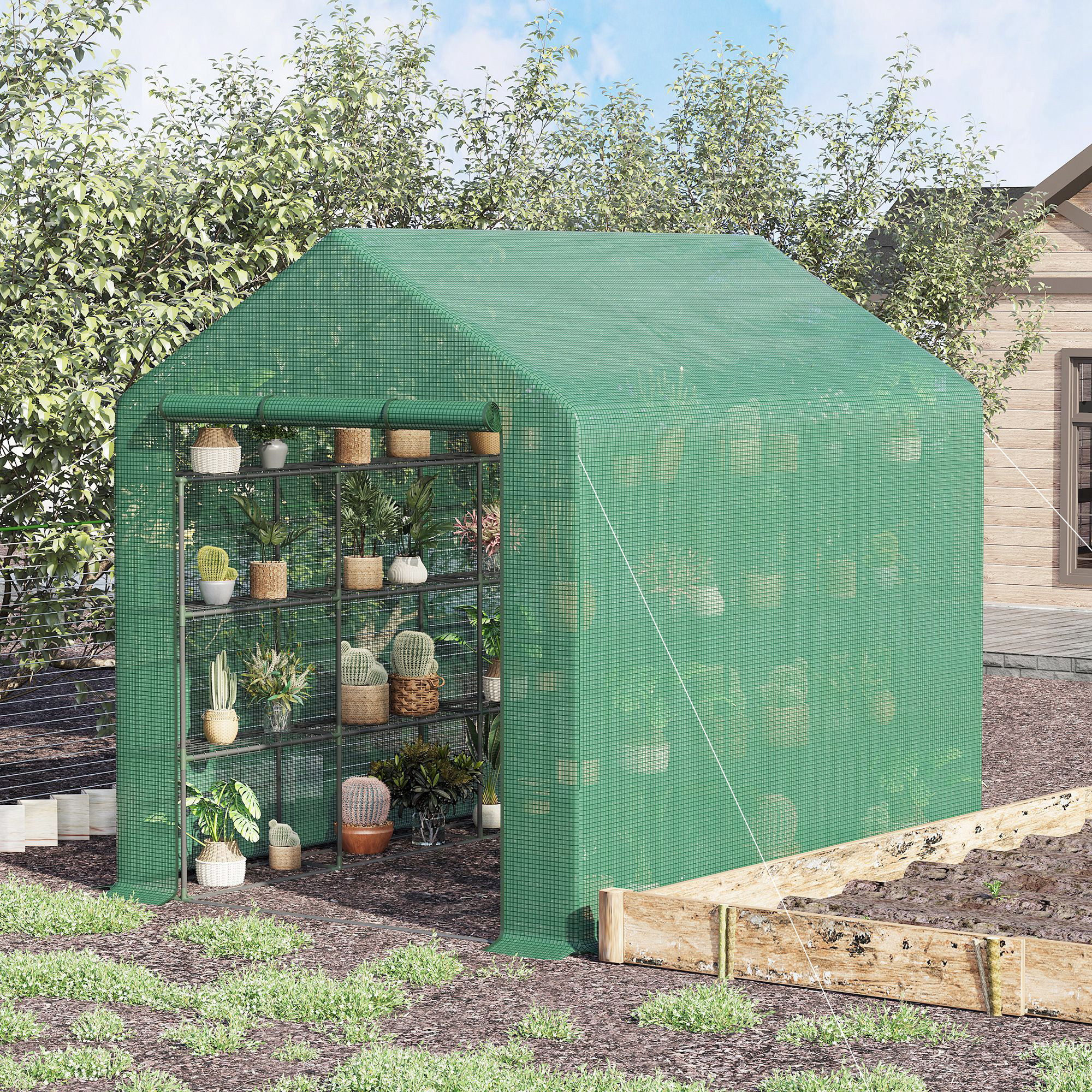 Outsunny Walk-in Greenhouse with 4 Tier 24 Shelves, Portable Grow House with Roll-up Zipped Door, 244 x 180 x 210cm, Green 2