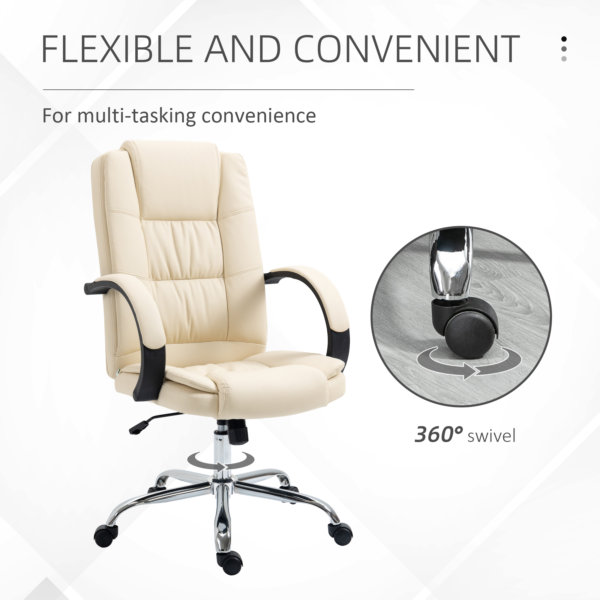 Vinsetto Office Chair, PU Leather Desk Chair with 13cm Soft Padded Seat and Backrest, Swivel Chair with Adjustable Height and Rolling Wheels, Beige 5