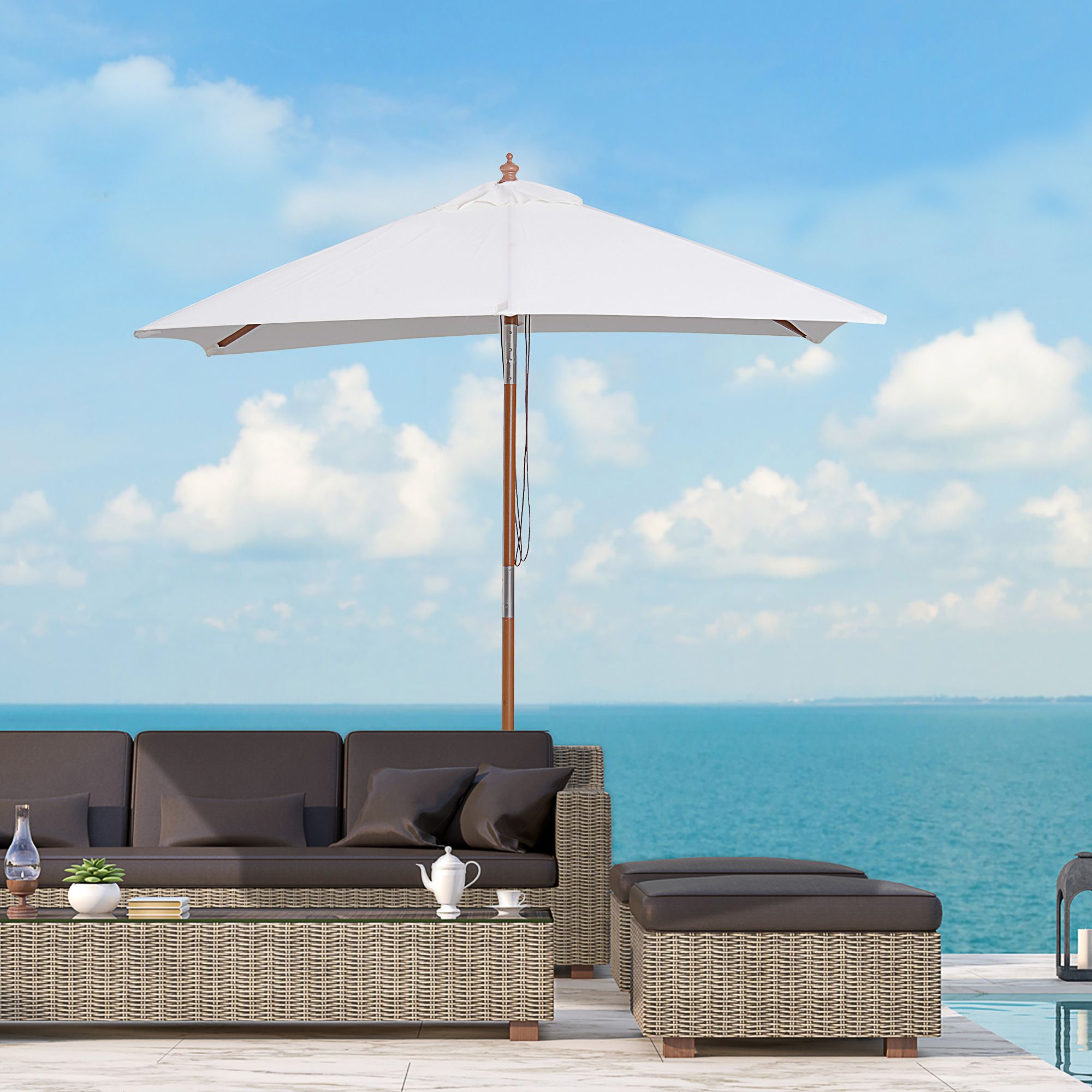 Outsunny 2m x 1.5m Garden Parasol Umbrella with Tilting Sunshade Canopy, Outdoor Market Table Umbrella with Wood and Bamboo Frame, Cream White 2