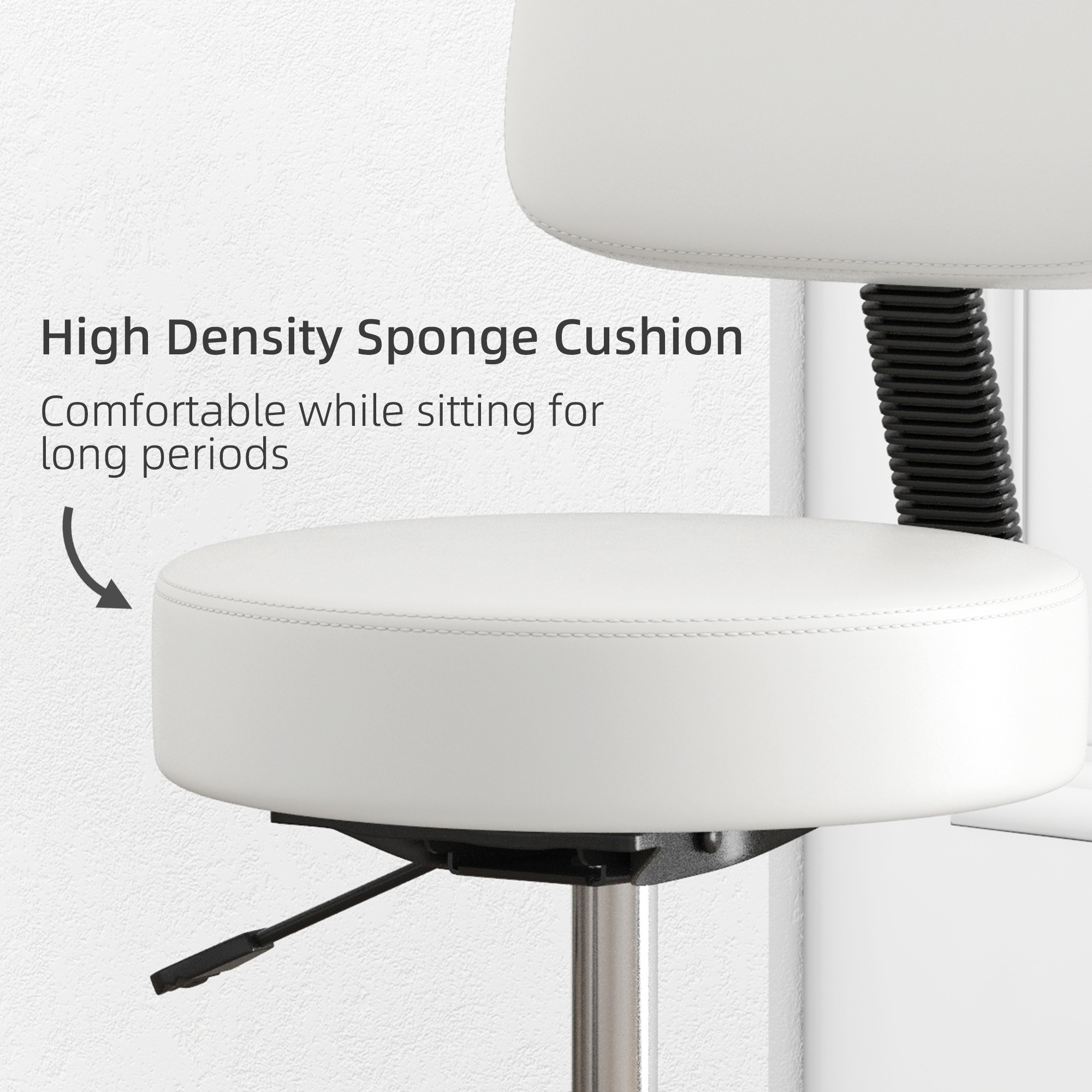 HOMCOM Beautician's Swivel Salon Chair w/ Padded Seat Back 5 Wheels Adjustable Height Salon Hairdressers Tattoo Spa Rolling Cushion Professional 48cm White 5