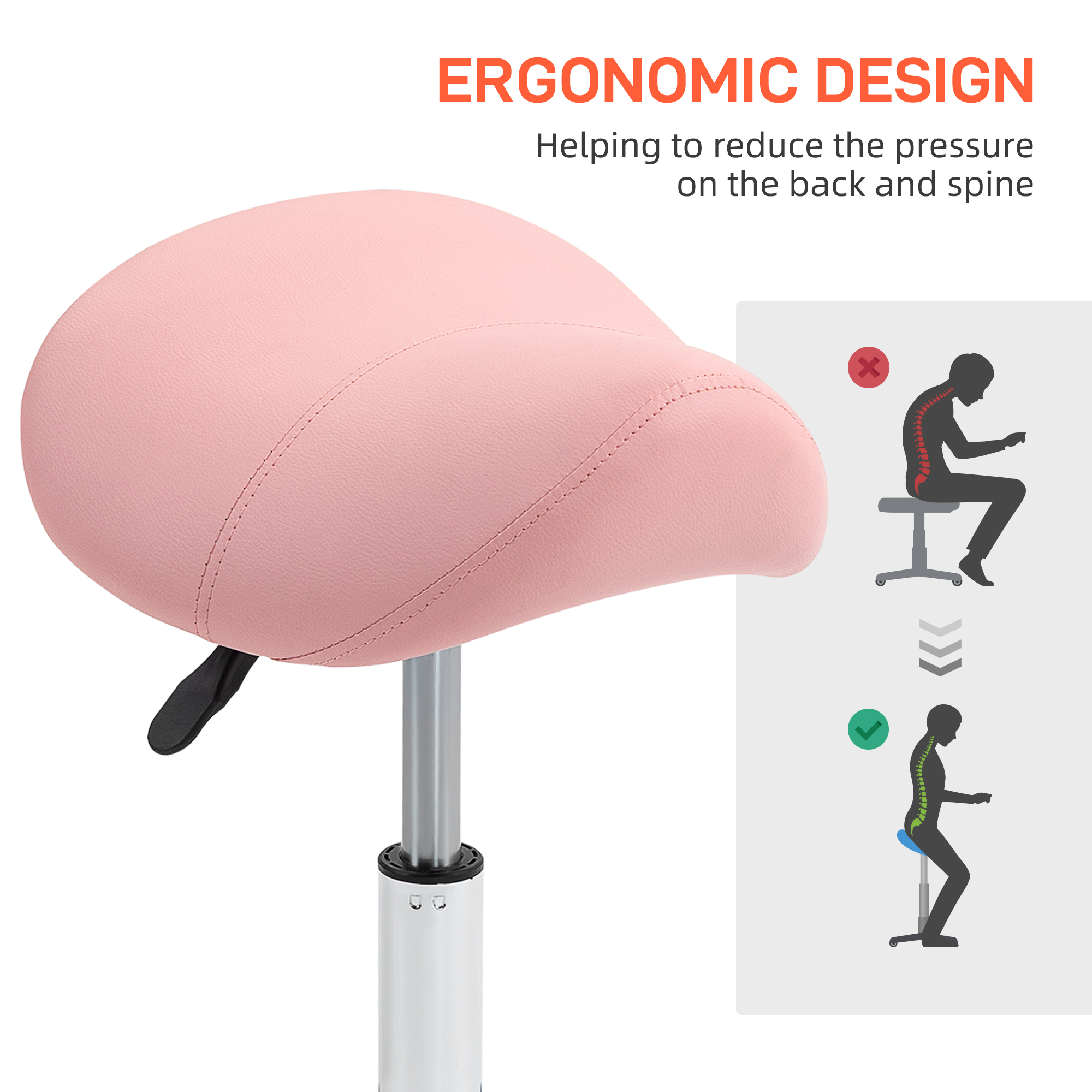 HOMCOM Saddle Stool, Height Adjustable Salon Chair for Massage Spa, Faux Leather, Pink 7