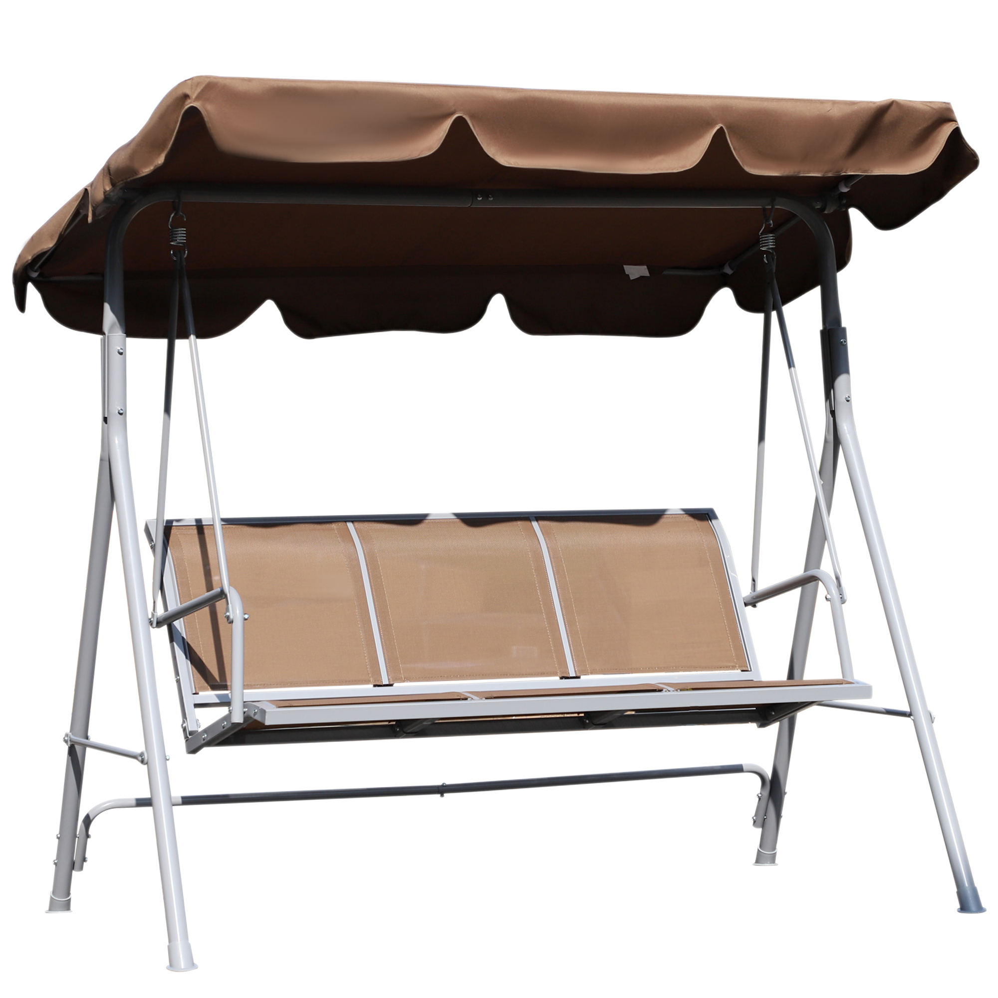 Outsunny Columpio Balancín de 3 Plazas con Toldo Ajustable Respaldo Transpirable y Marco de Metal Carga 200 kg 171x108x154 cm Marrón | Aosom España