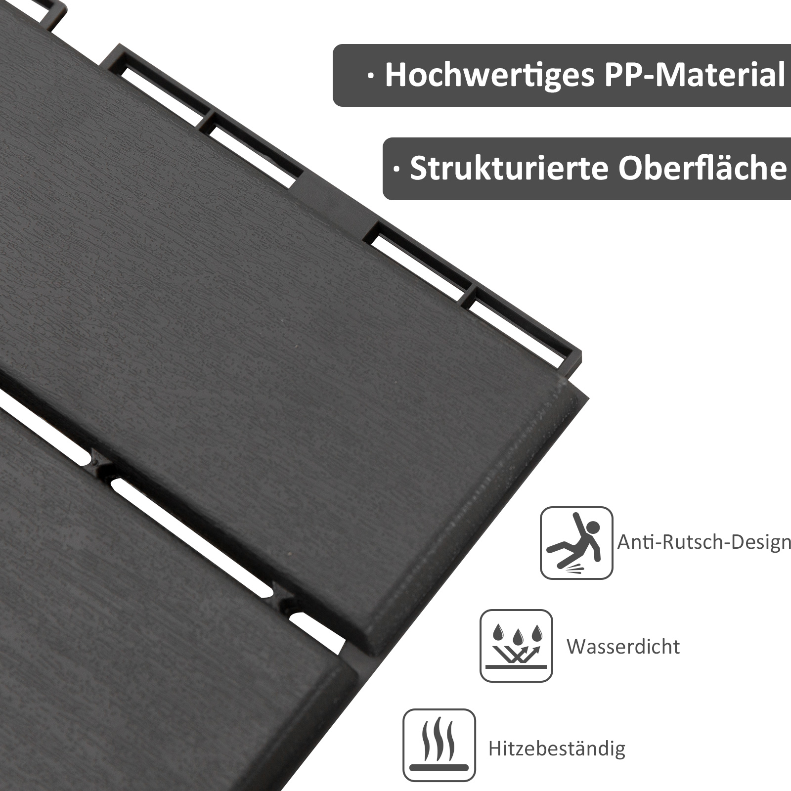 Outsunny 27 Terrassenfliesen Aus Holz – 30x30cm, Ineinandergreifend, 2,5m² Set, Anthrazitgrau Für Balkon & Garten
