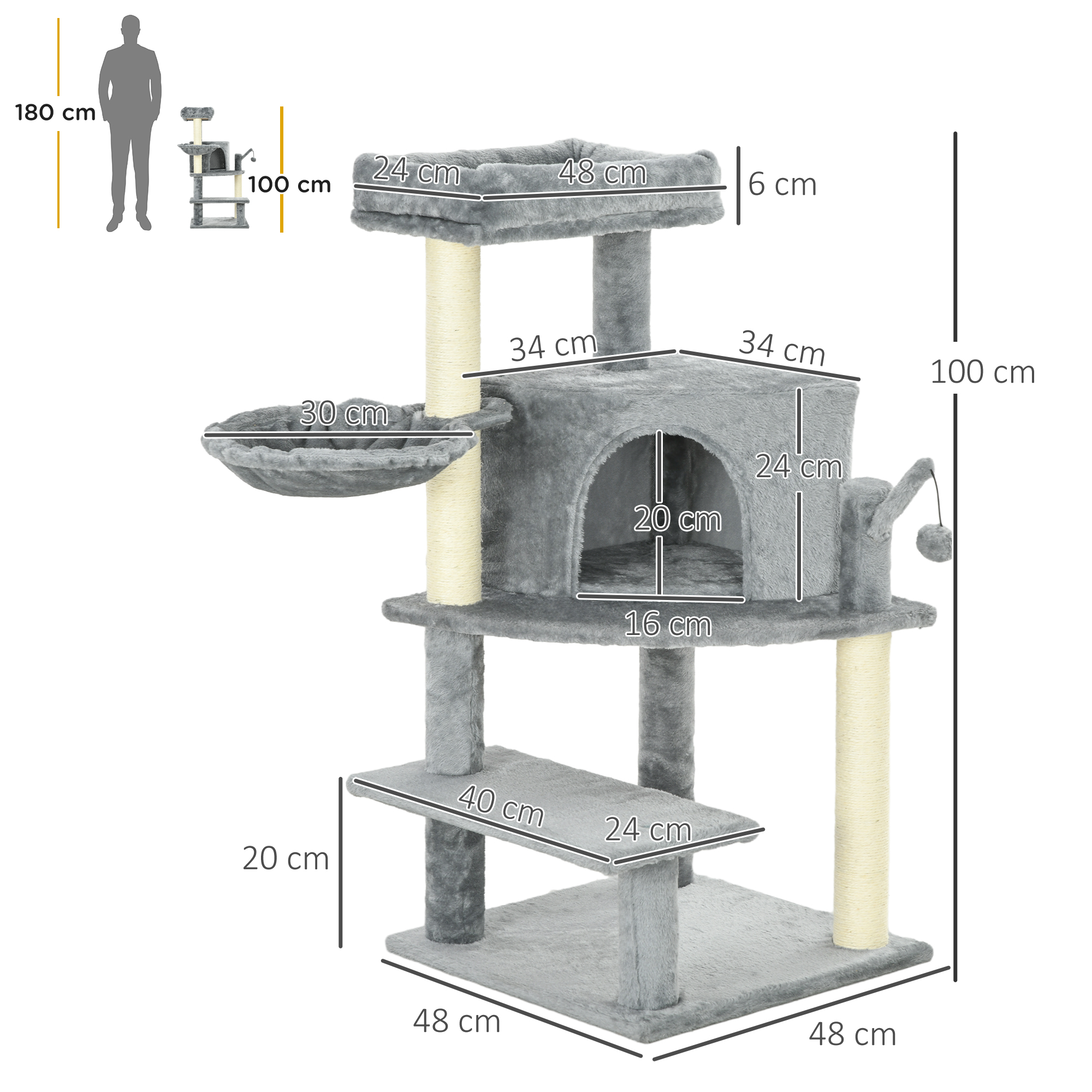 PawHut Sisal 100cm Cat Tree Tower with Sisal Scratching Post Grey 3