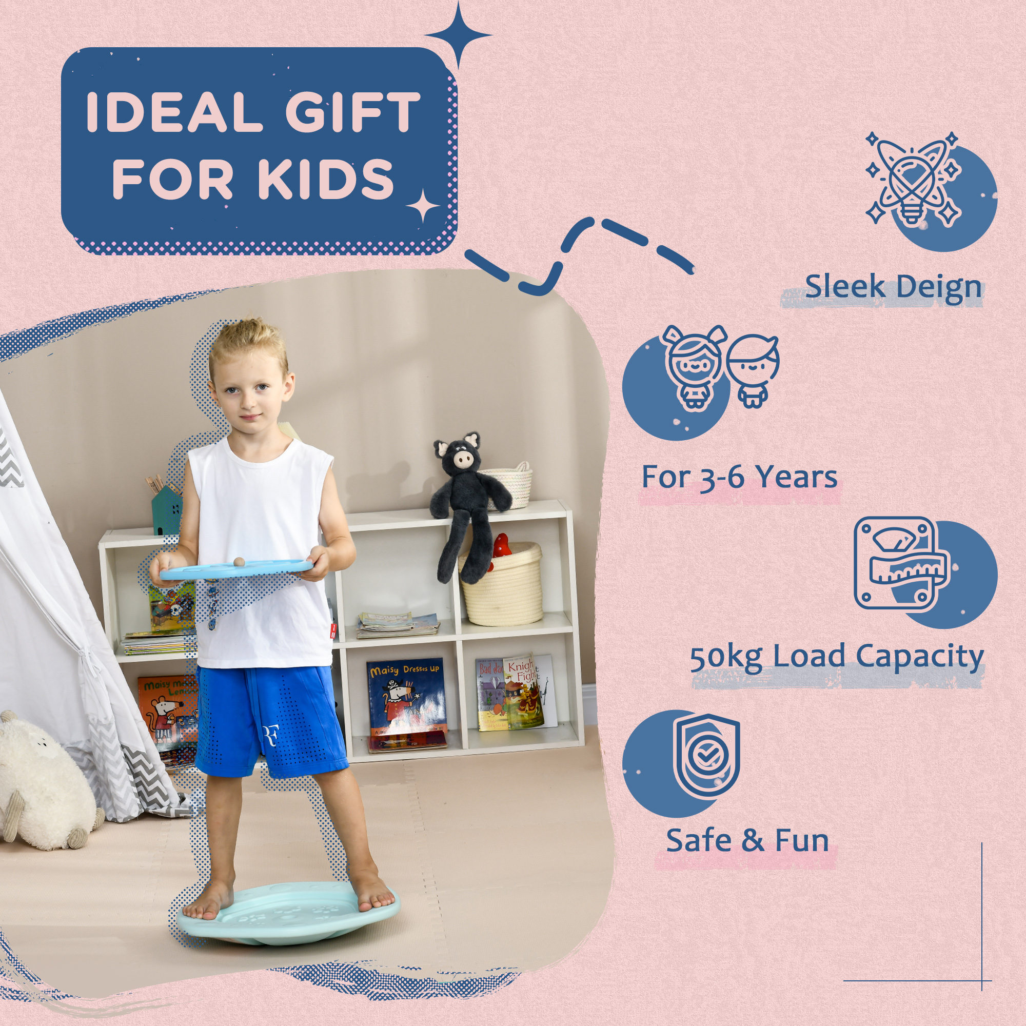 ZONEKIZ Two-In-One Balance Board, Kids Wobble Board with Ball Blue 7