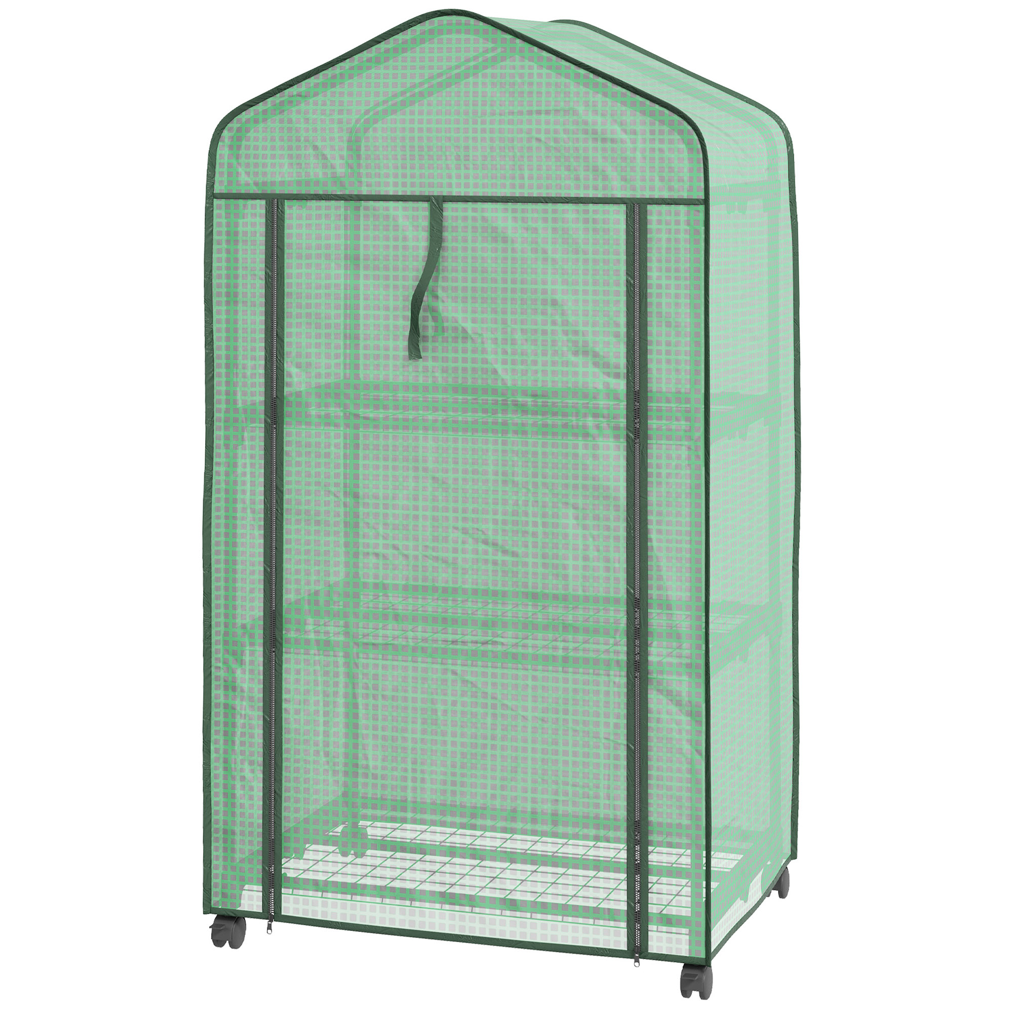 Outsunny Mini serre de jardin avec 3 étagères, bâche PE haute densité, porte enroulable, 4 roulettes, dim. 69L x 49l x 130H cm