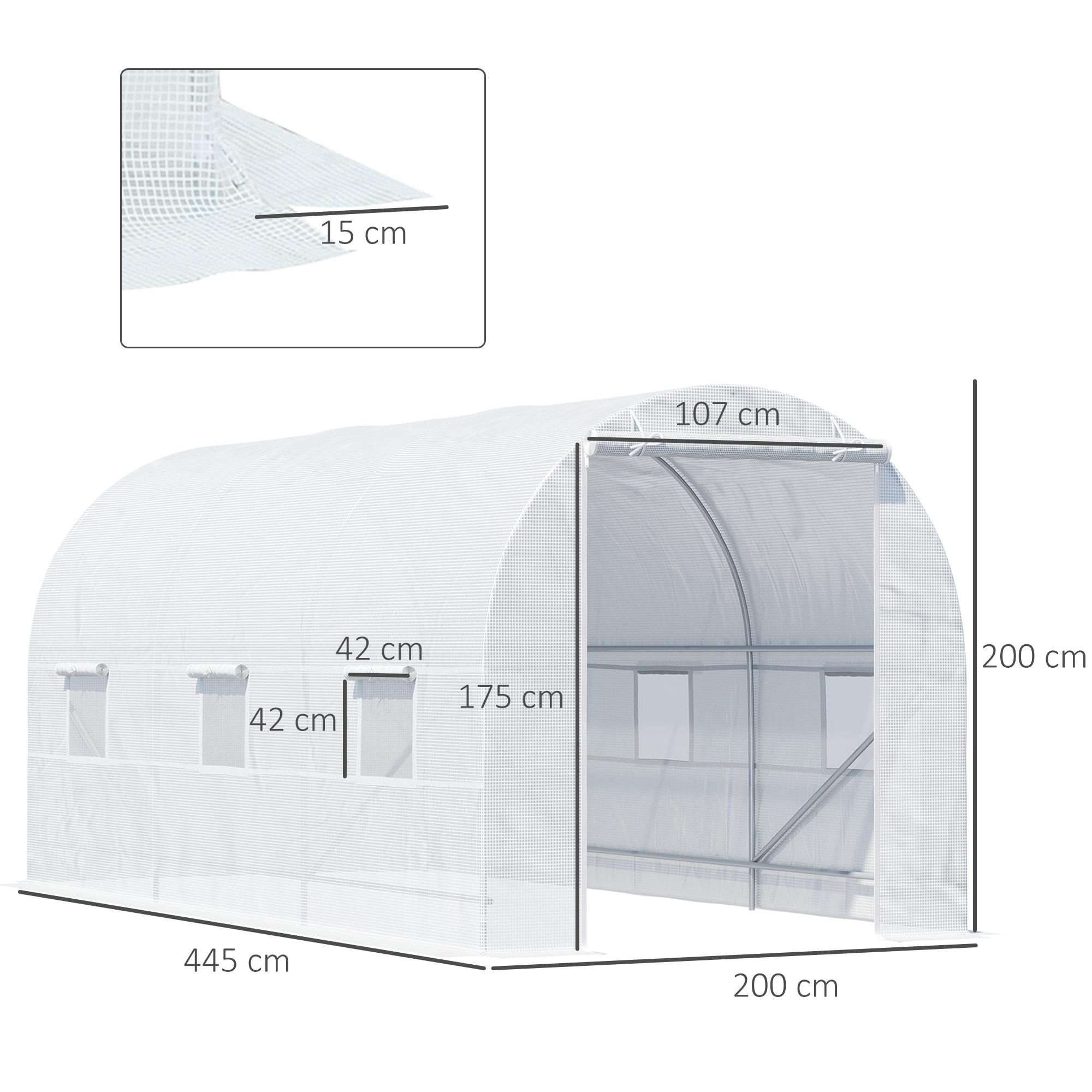 Fooliumist kasvuhoone metallraamiga, sisseastumiseks, 4,45 x 2 x 2m, valge