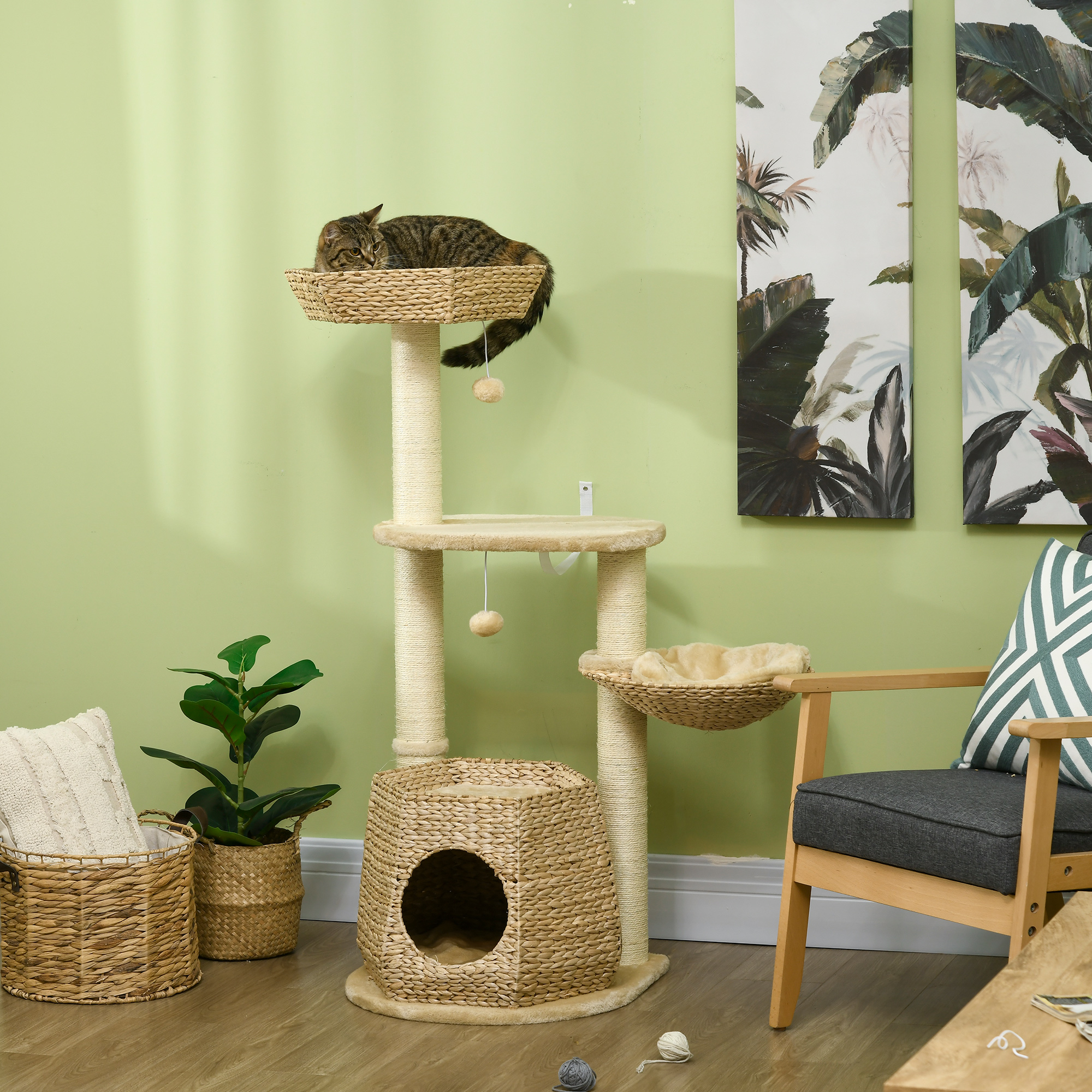 PawHut Cat Tree Activity Centre, with Cattail, Bed, Cat House, Sisal Post, Ball Natural Tone 2