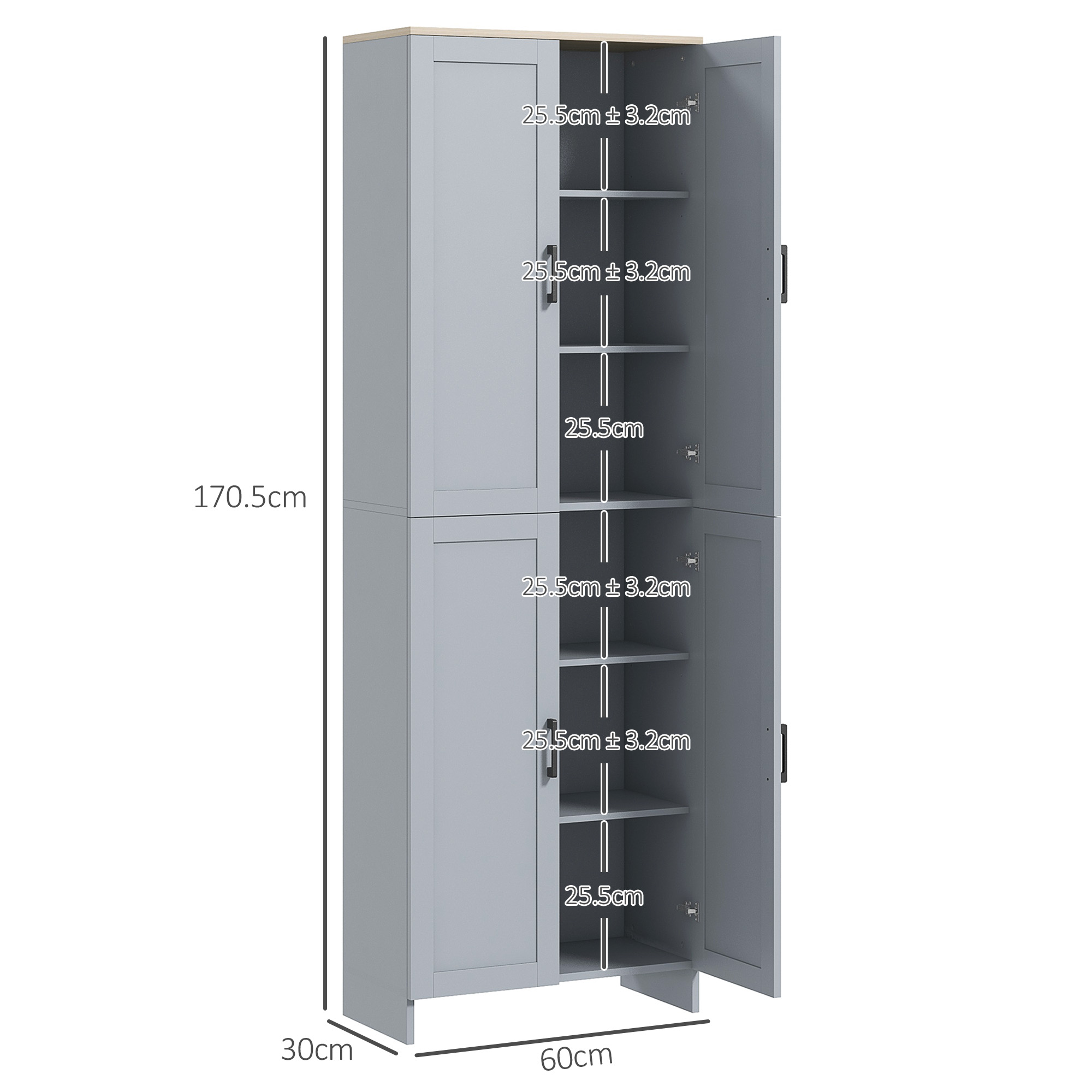 HOMCOM Freestanding Kitchen Cupboard, 4-Door Storage Cabinet with Adjustable Shelves, Modern Kitchen Pantry for Dining Room, 170cm, Grey 3