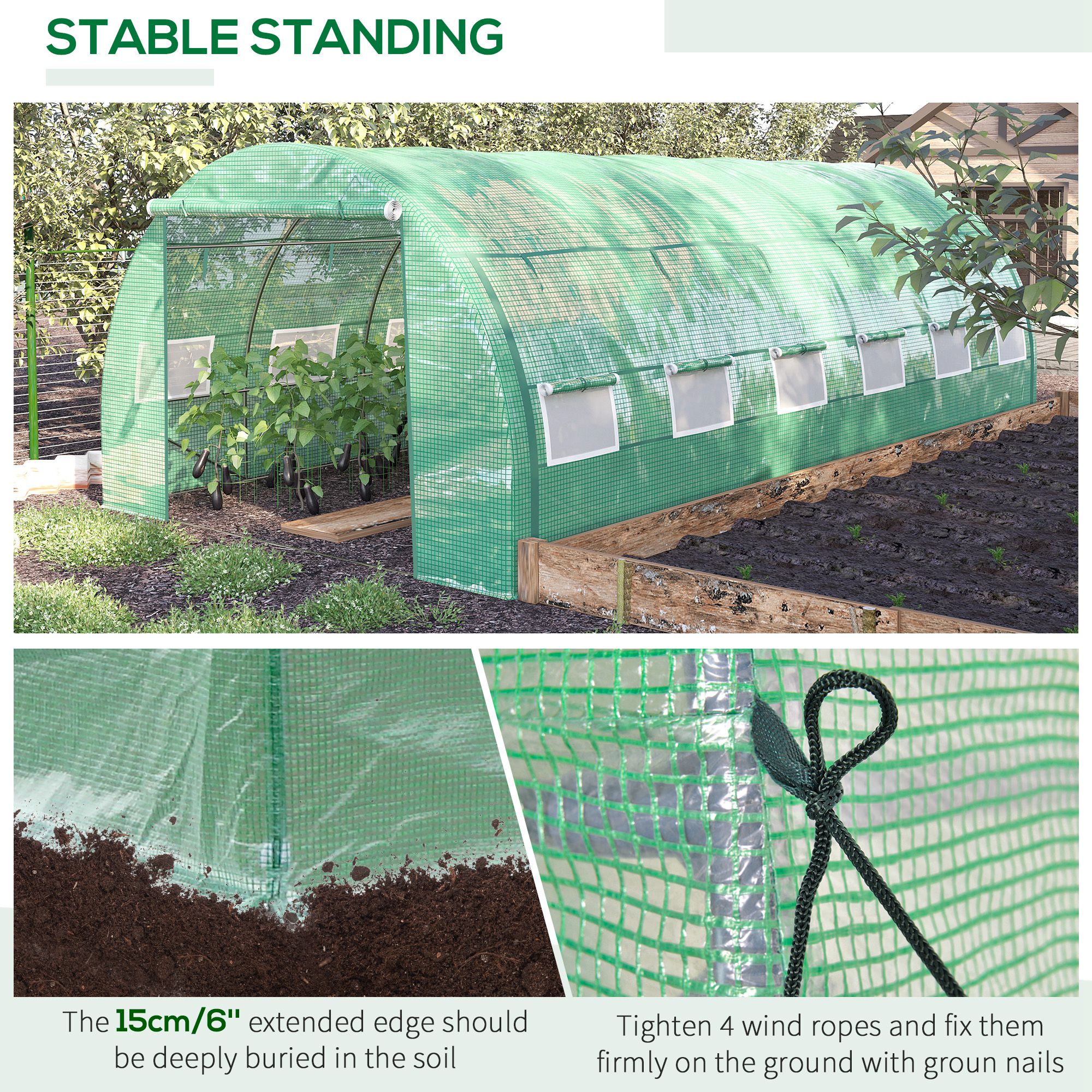 Outsunny Polytunnel Greenhouse Walk-in Grow House Tent with Roll-up Sidewalls, Zipped Door and 12 Windows, 6x3x2m Green 6
